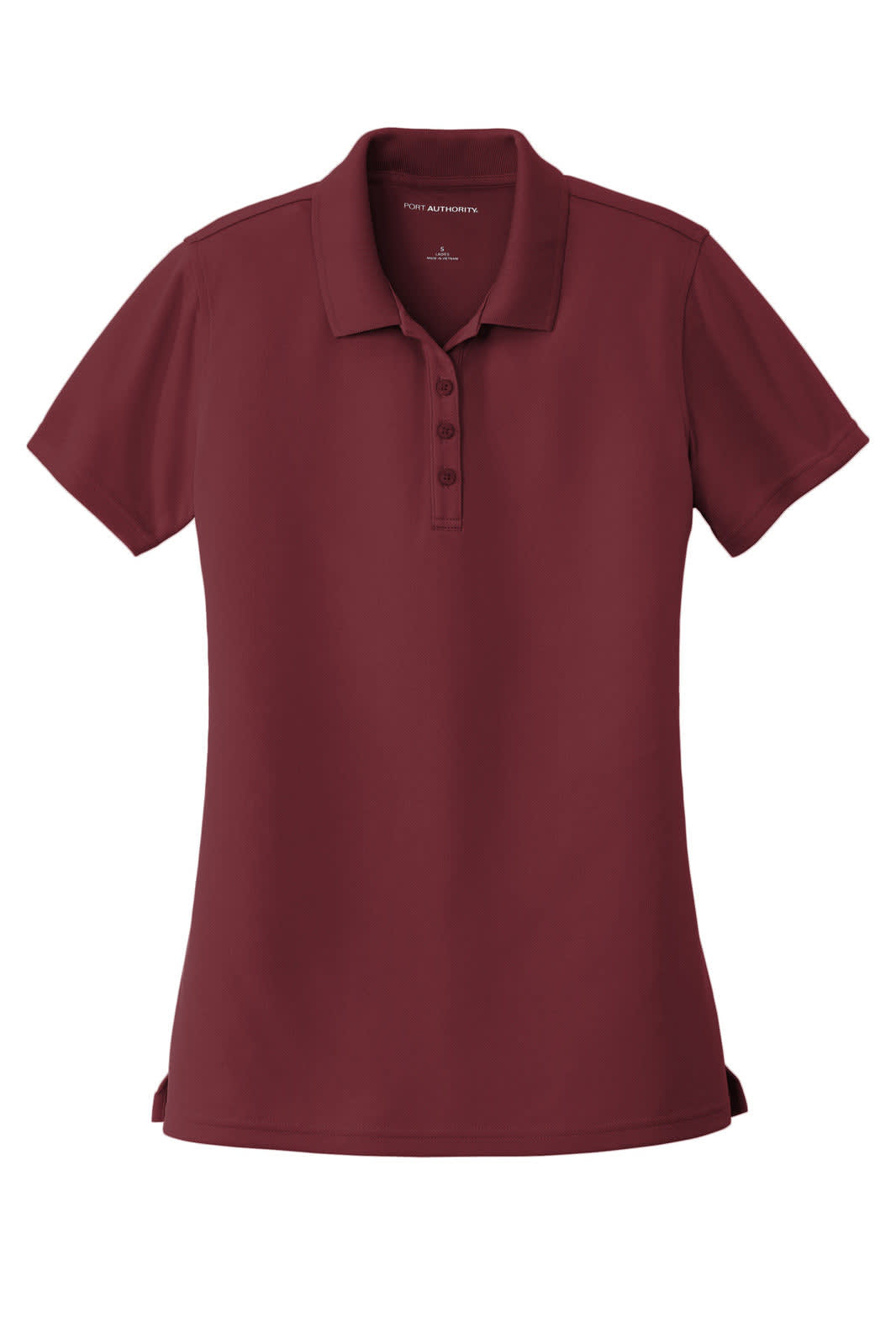 A maroon ladies' polo shirt with a micro-mesh texture and a logo on the front. Short sleeves and a collar are featured.