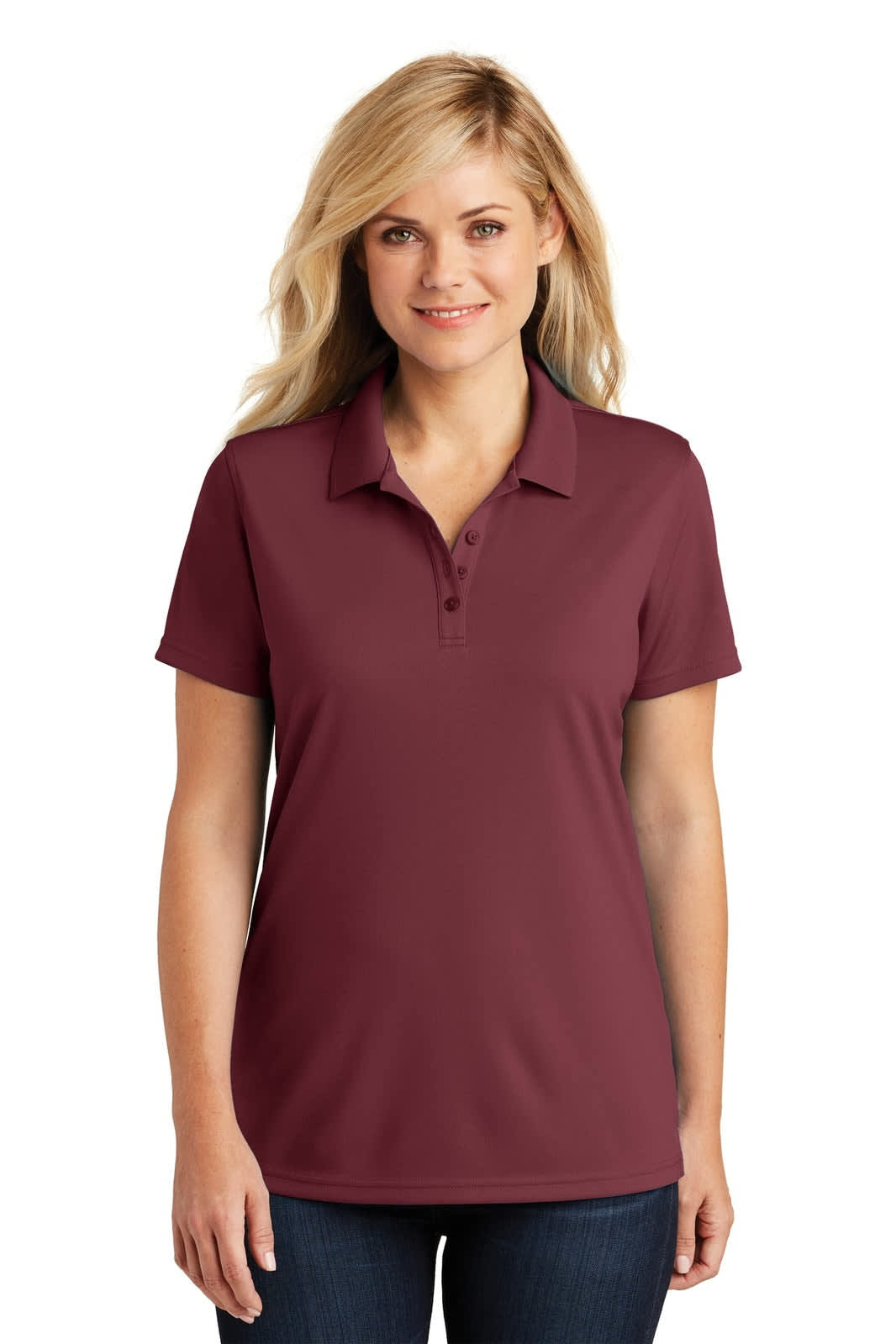 A burgundy ladies' polo shirt in a micro-mesh fabric, featuring a collar and short sleeves. It has a logo.
