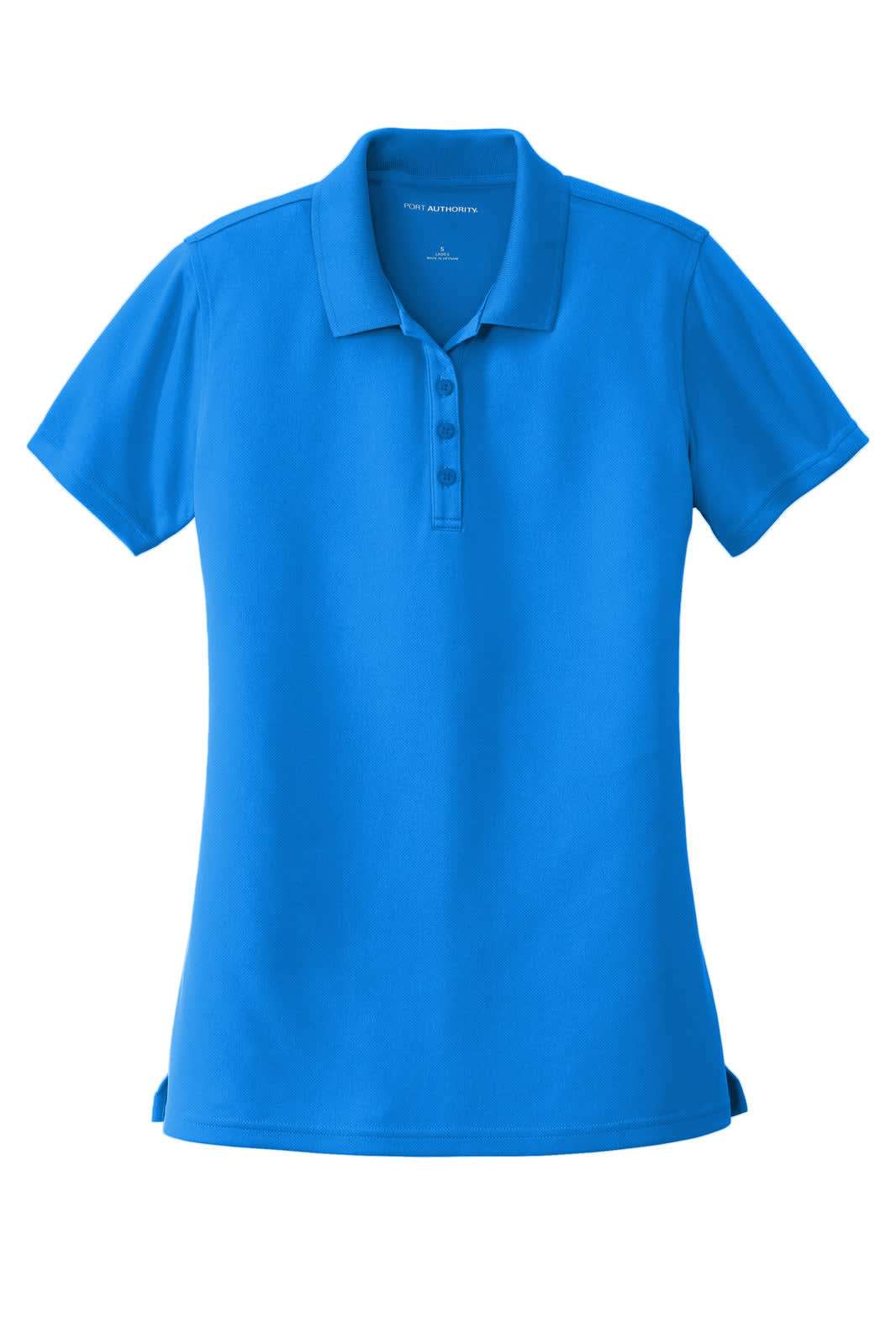 A blue ladies' polo shirt made from micro-mesh fabric, featuring a collar and a button placket. Includes a logo.
