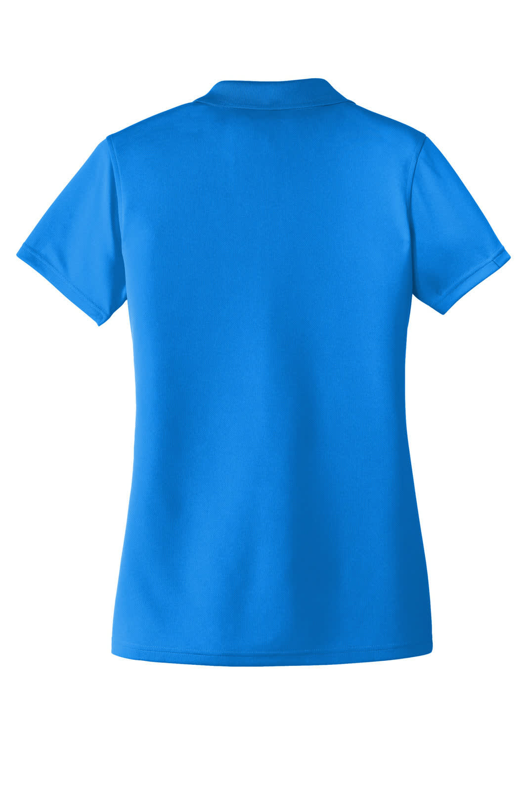A blue women's polo shirt with a collar and short sleeves, featuring a logo on the back.