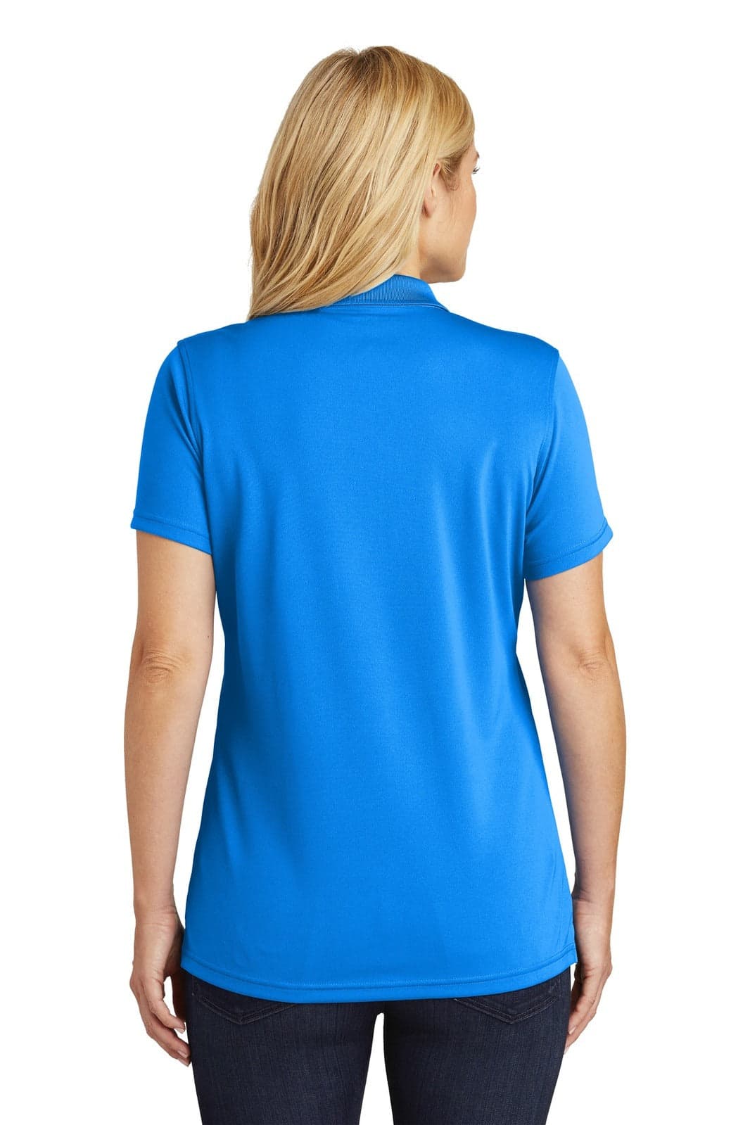 A women's polo shirt in bright blue, featuring a back view with a smooth, fitted design and a logo.