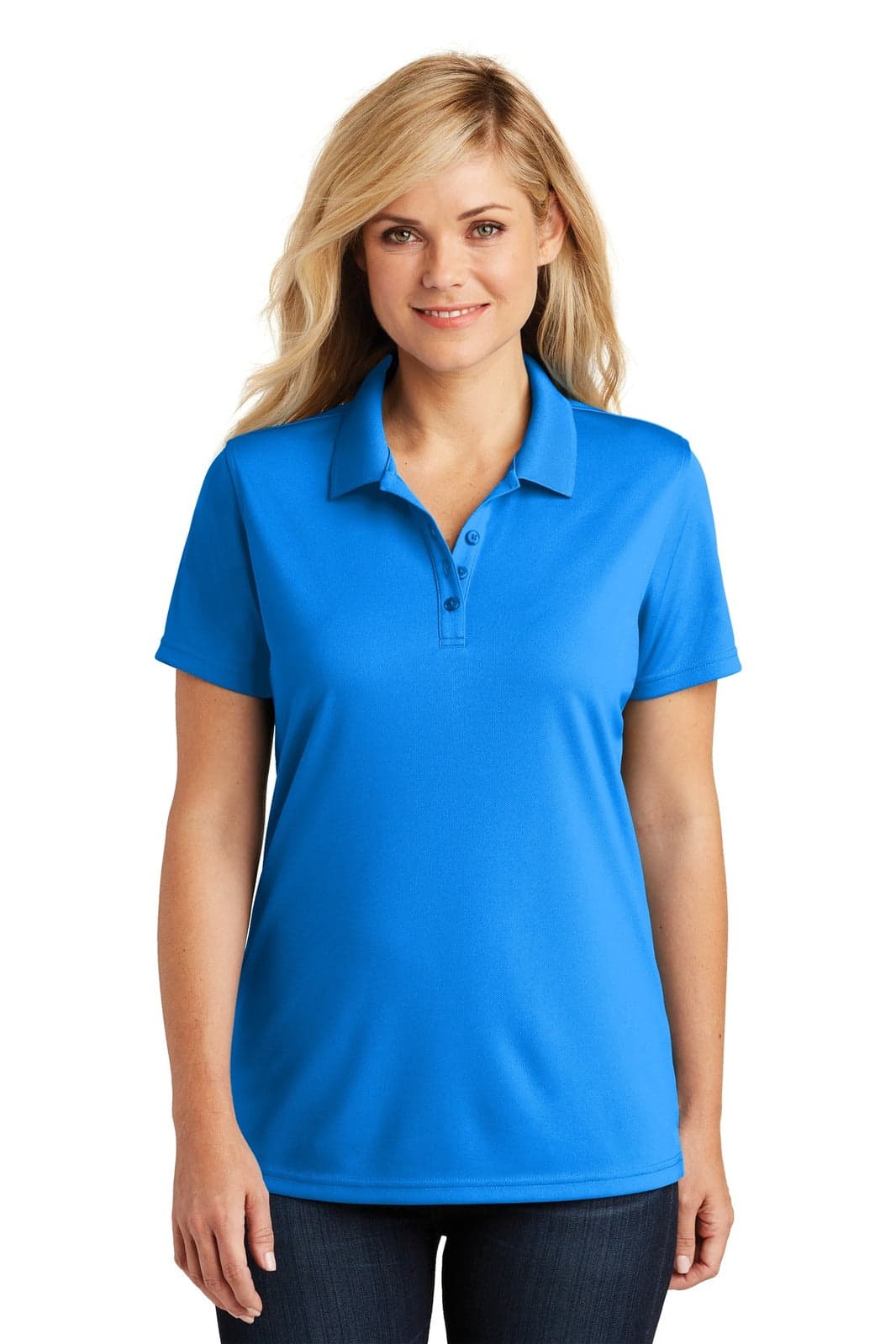 A blue ladies' polo shirt featuring a collar, short sleeves, and a logo on the left side.