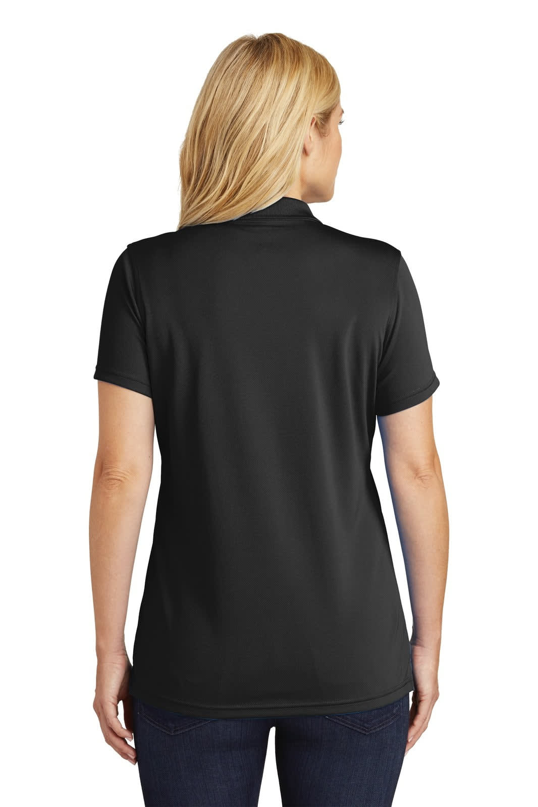 A black ladies' polo shirt with a micro-mesh design, featuring a collar and short sleeves.