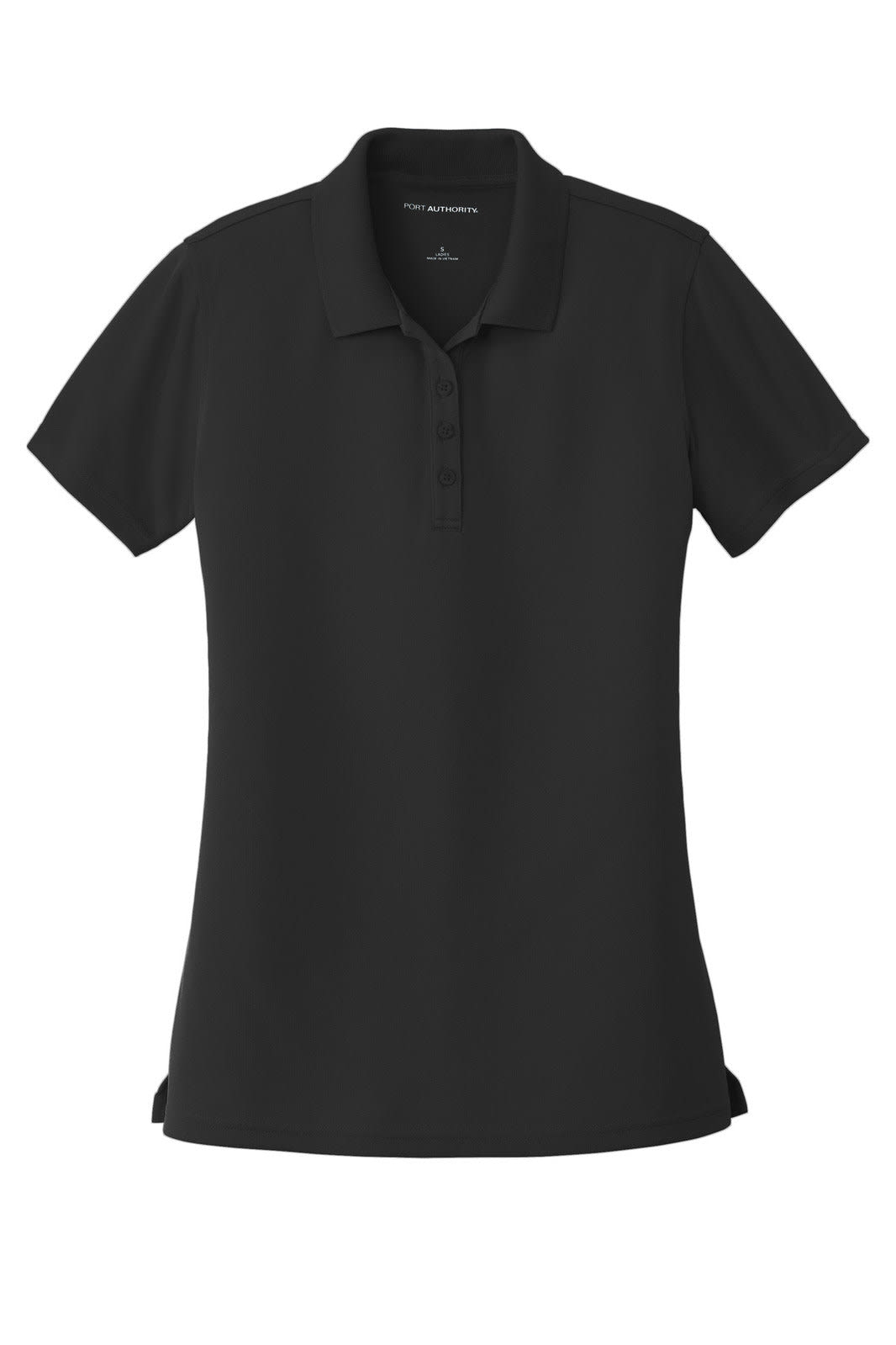 A black women's polo shirt featuring a classic collar, button placket, and an embroidered logo.