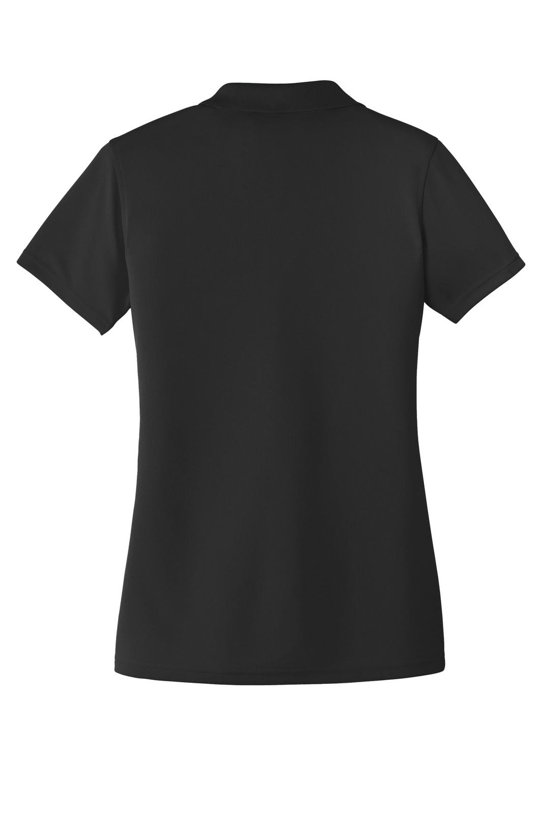 A black ladies' polo shirt featuring a micro-mesh fabric and a back view. It has a logo on the collar.