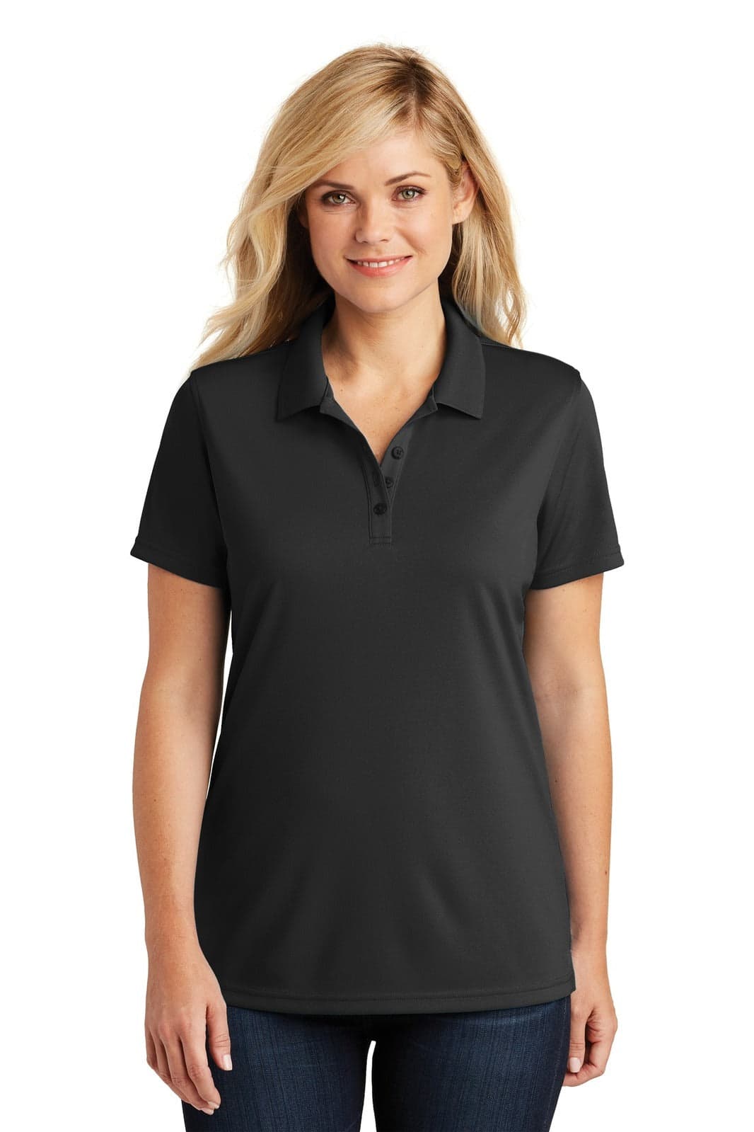 A woman models a black Port Authority ladies' polo shirt with a collar and short sleeves, featuring a logo.