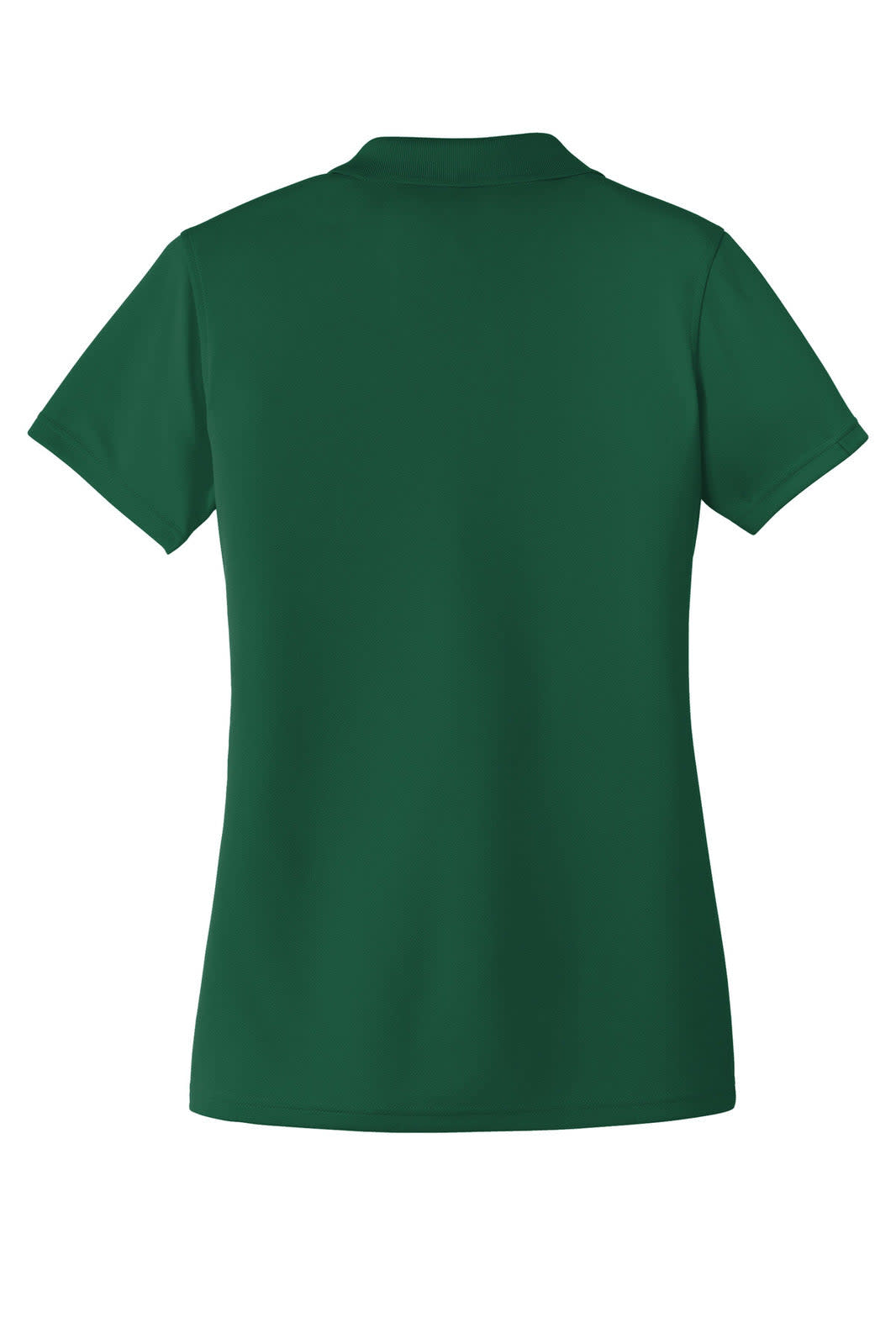 A green ladies' polo shirt featuring a collar and short sleeves, with a logo on the back.
