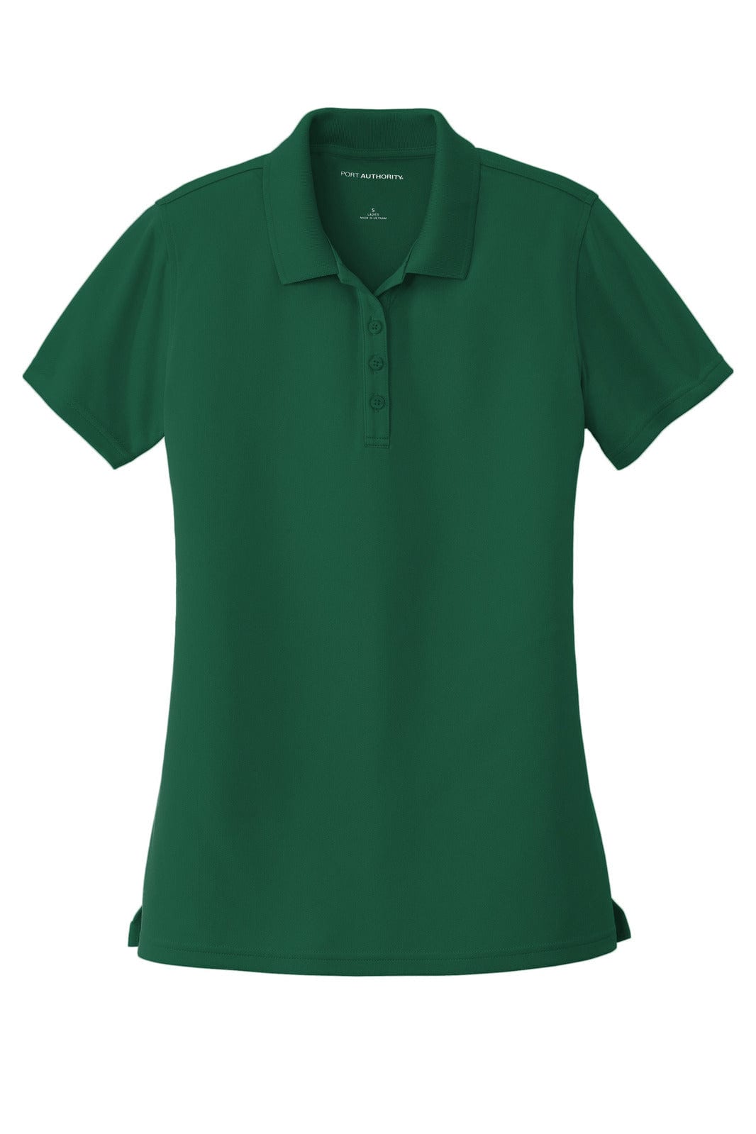 A green ladies' polo shirt made from micro-mesh fabric, featuring a collar and button placket. Includes a logo.
