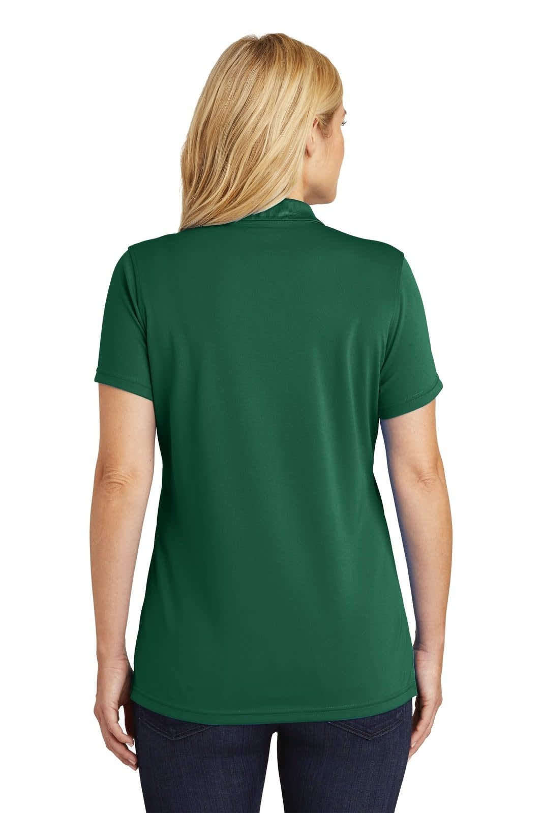 A green polo shirt designed for women, featuring a micro-mesh fabric and a logo on the back.