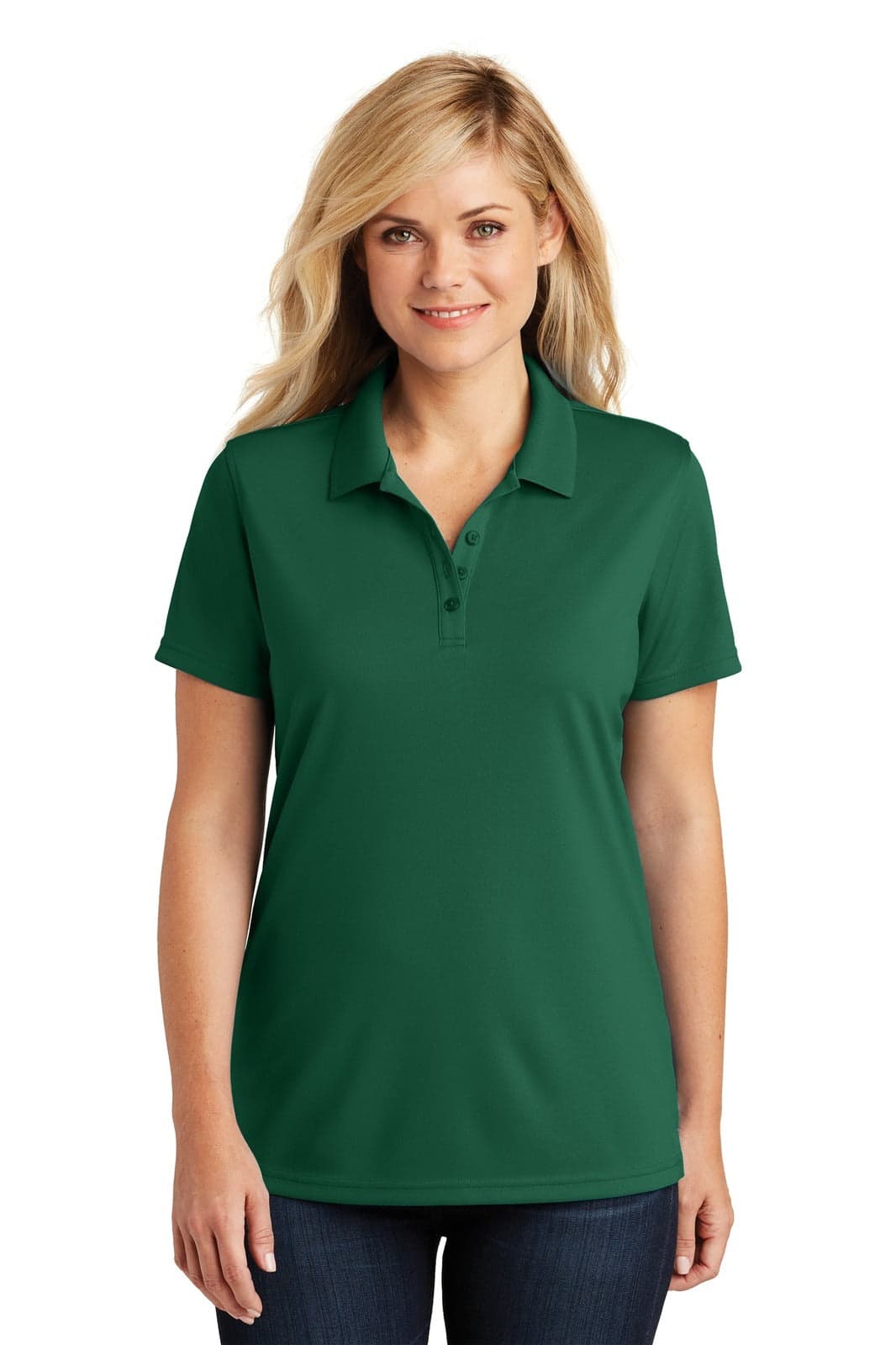 A green polo shirt with a collar and short sleeves, modelled by a woman. The shirt has a logo on it.