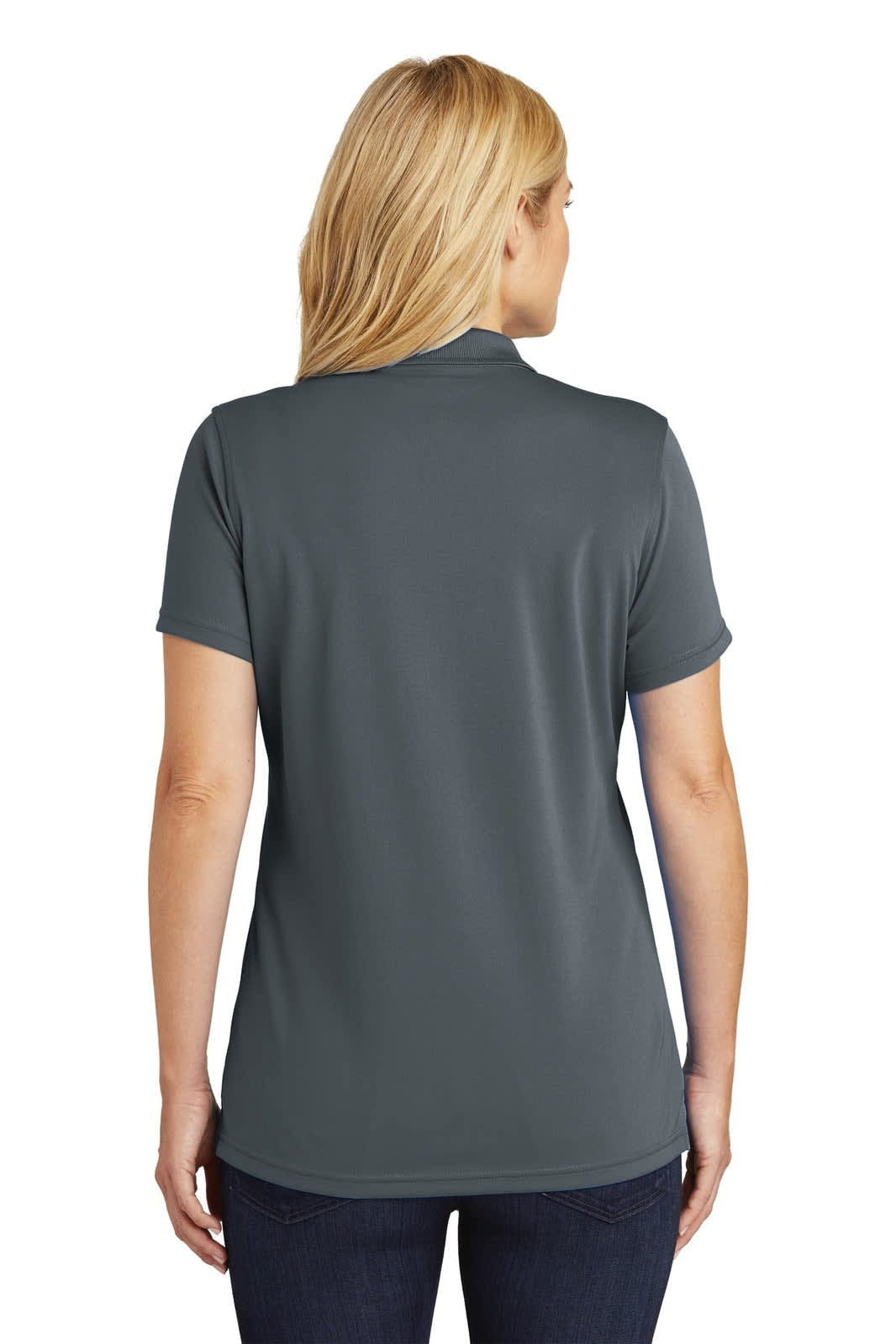 A dark grey women's polo shirt with a short sleeve and a subtle brand logo on the back.