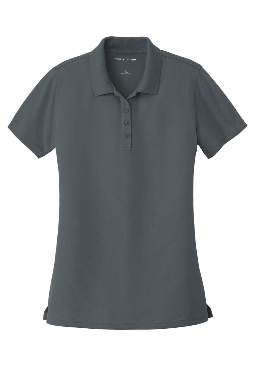 A ladies' polo shirt in dark grey with a collared neck and button placket, featuring a logo on the chest.