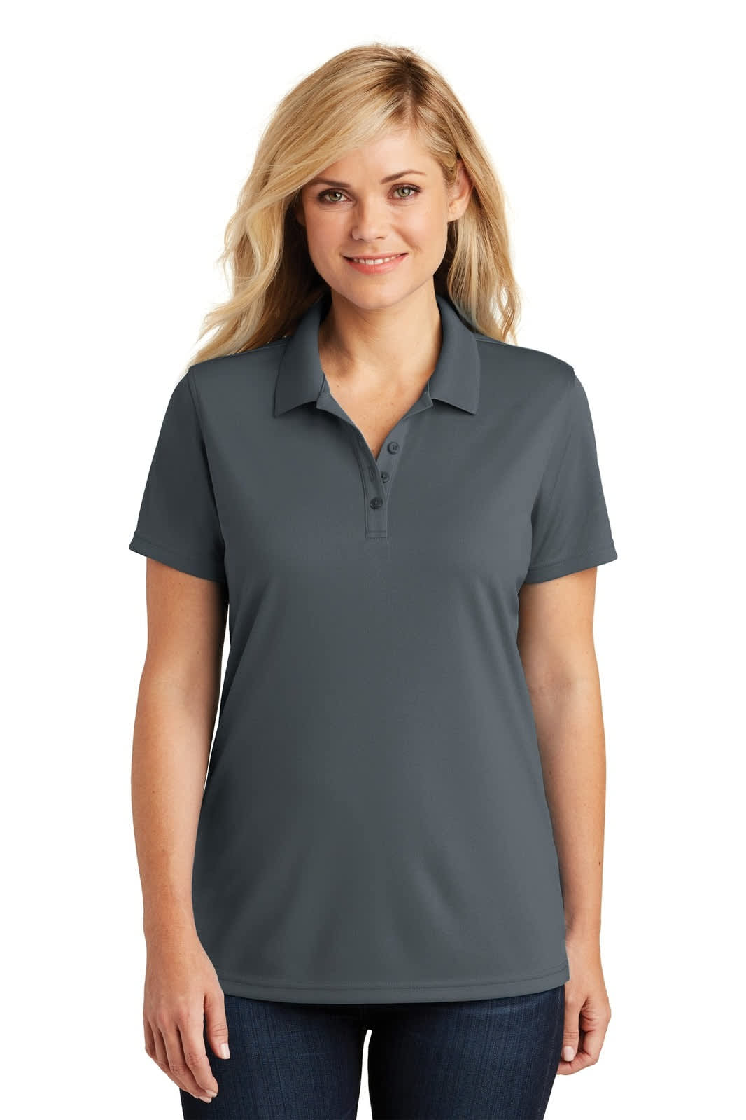 A grey ladies' polo shirt with a collar and short sleeves. It features a brand logo.
