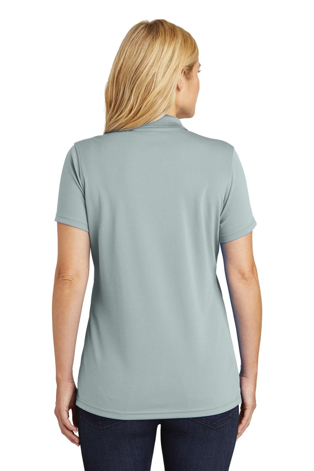 A light blue women's polo shirt with a back view, featuring short sleeves and a logo.