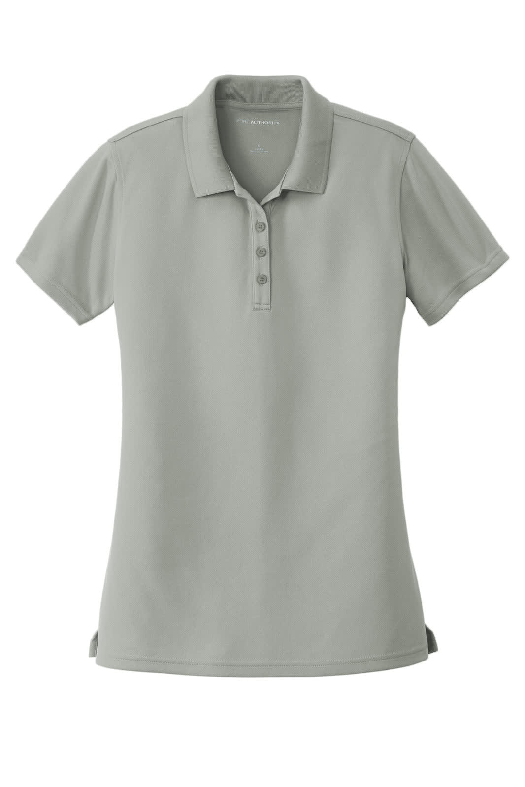 A light grey ladies' polo shirt made from dry zone UV micro-mesh fabric, featuring a button-up collar and a logo.