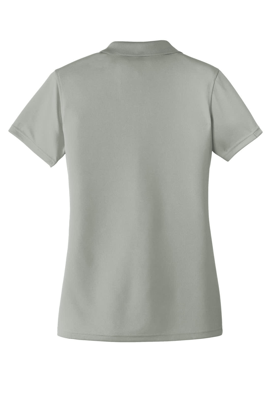 A ladies' polo shirt in a light grey shade, featuring a classic collar and short sleeves. It has a logo on the back.