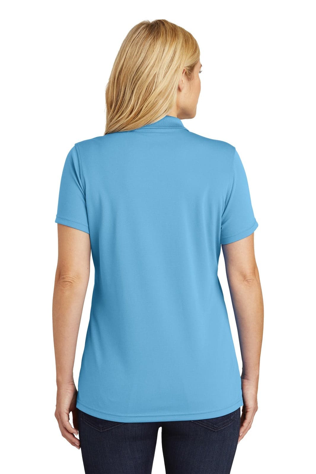A back view of a light blue women's polo shirt with short sleeves and a branded logo on the side.