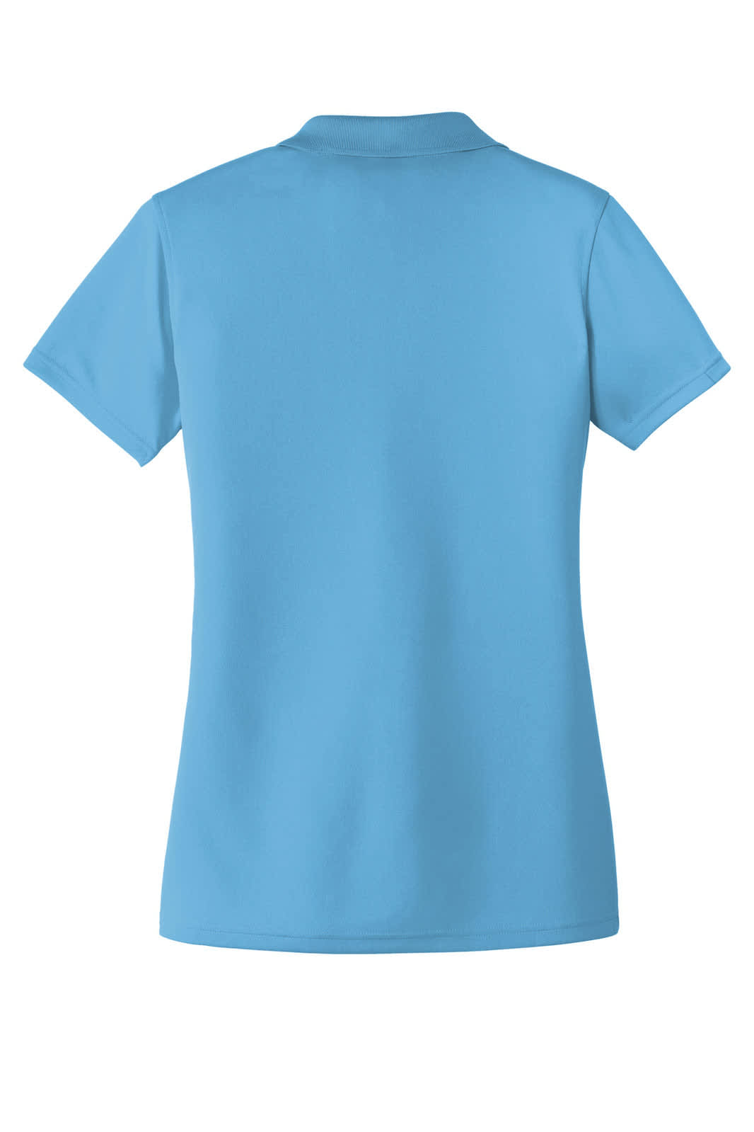 A light blue polo shirt with a classic collar, featuring a back view and a logo on the upper back.