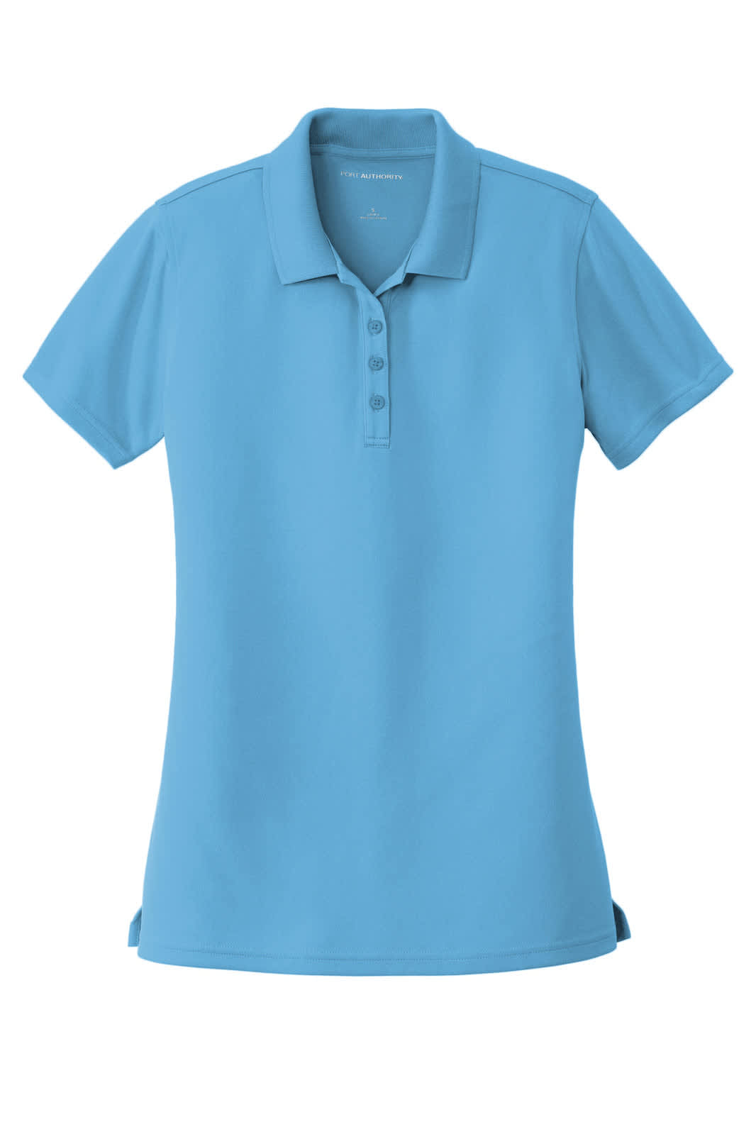 A light blue ladies' polo shirt featuring a classic collar, buttons, and a logo on the chest.