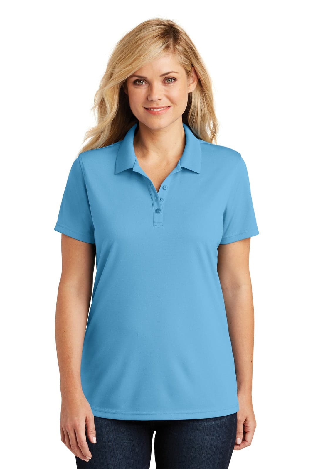 A light blue women's polo shirt with a collar and buttons, featuring a logo.