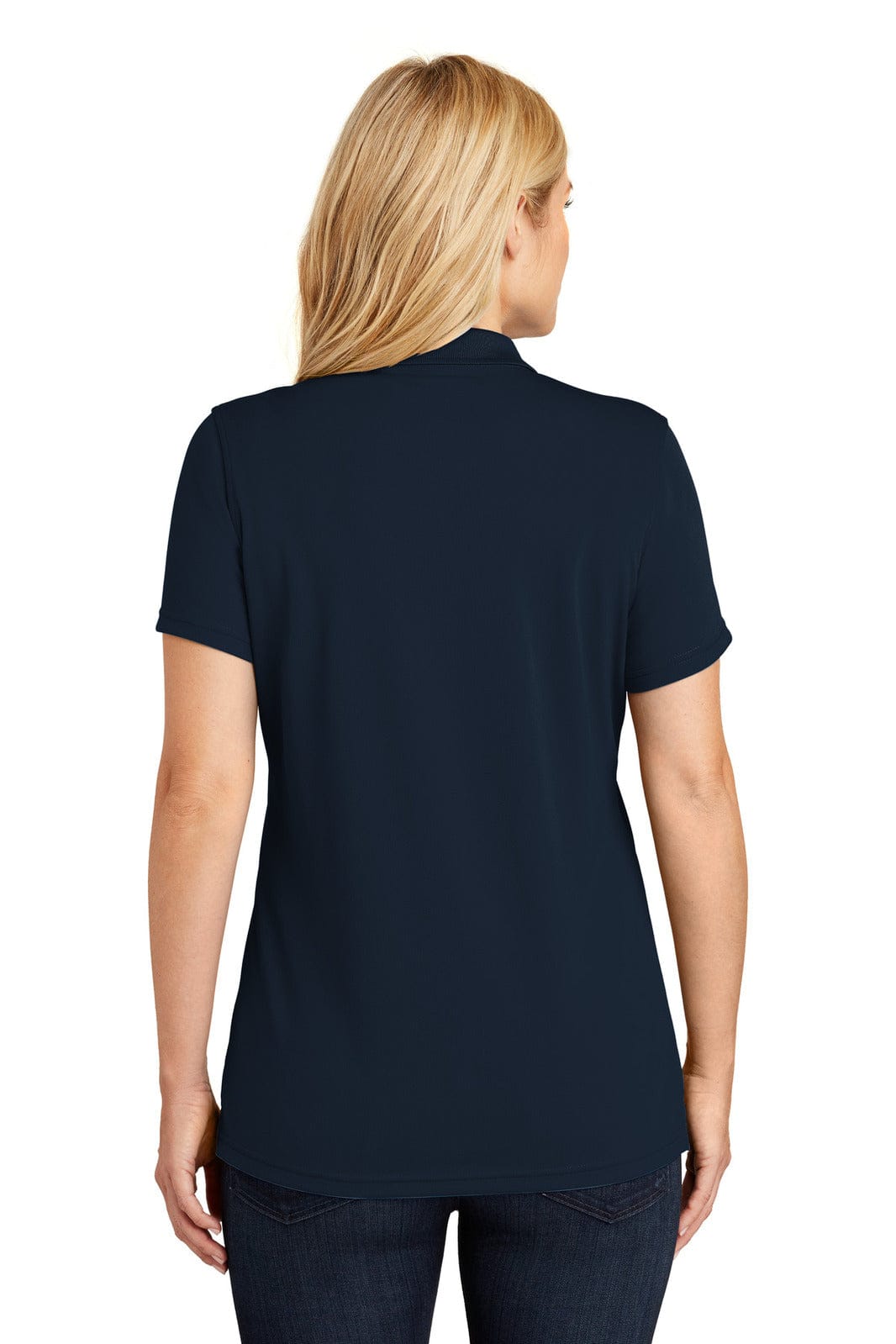 A navy blue polo shirt with short sleeves, featuring a logo on the back, worn by a woman.