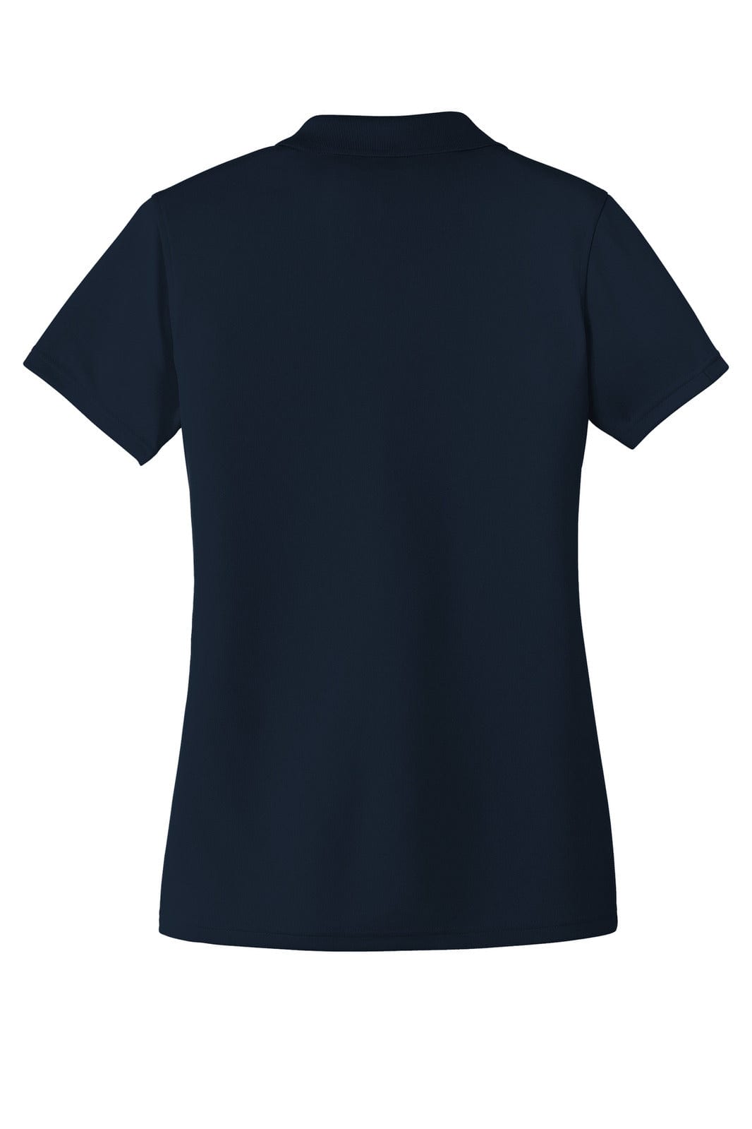 A navy blue ladies' polo shirt with a micro-mesh fabric and a collar, featuring a branding logo.