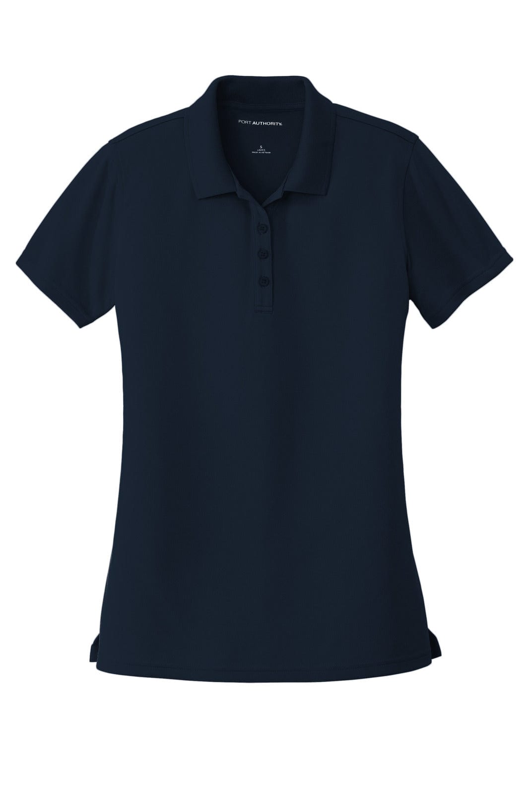 A navy blue women's polo shirt with a collar and buttons, featuring a logo on the chest.