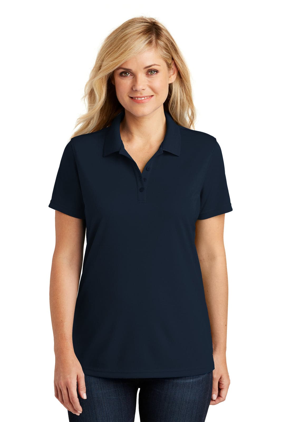 A navy blue polo shirt for ladies with a collar and short sleeves, featuring a branding logo.