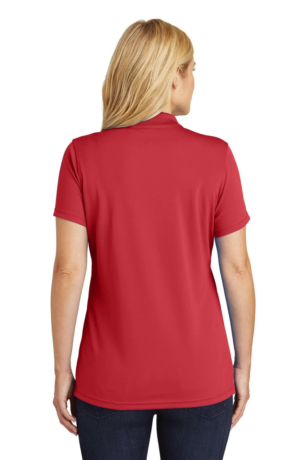 A red micro-mesh polo shirt with short sleeves and a back view, featuring a logo.