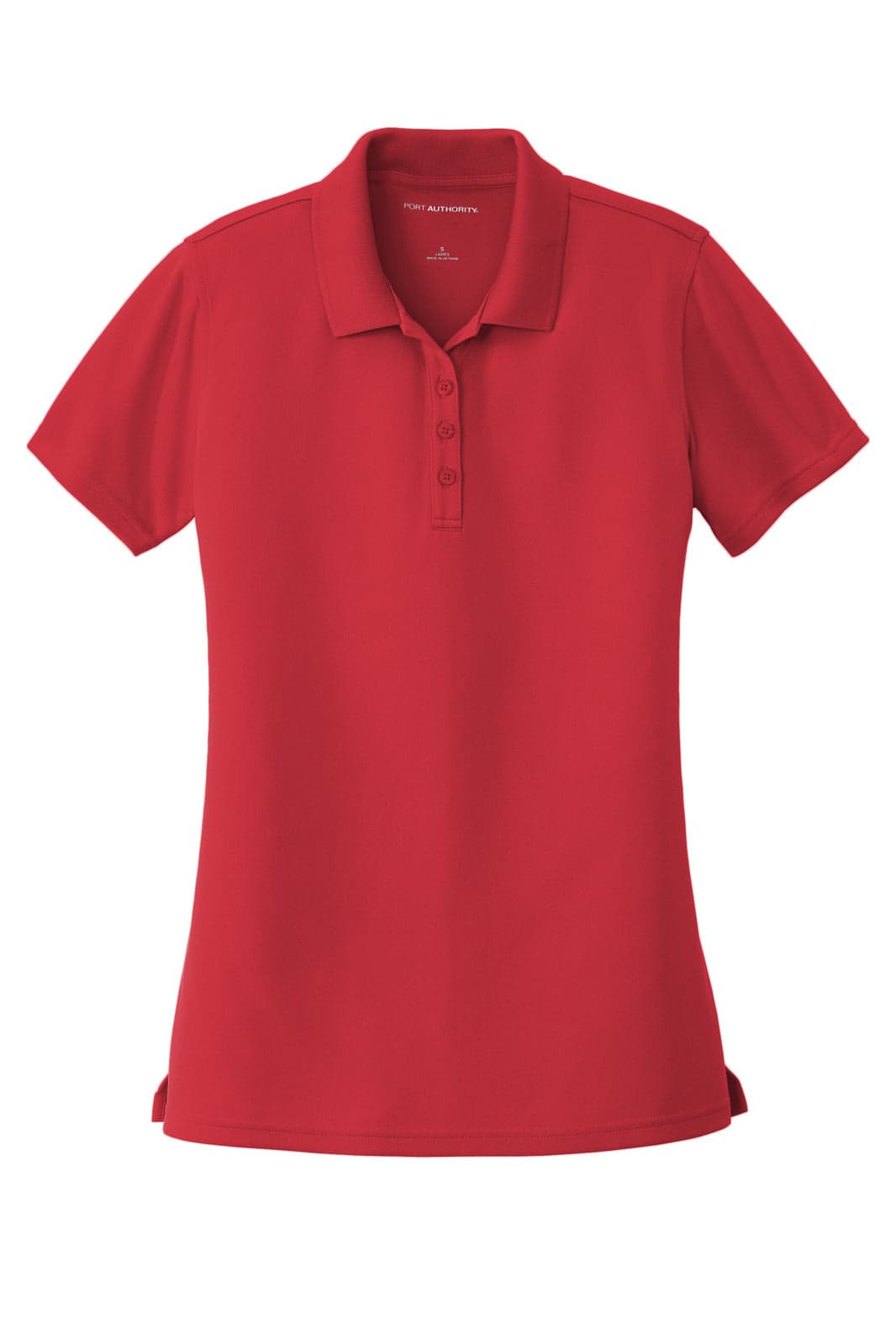 A red polo shirt with a collar, short sleeves, and a logo on the chest. It features a micro-mesh design.