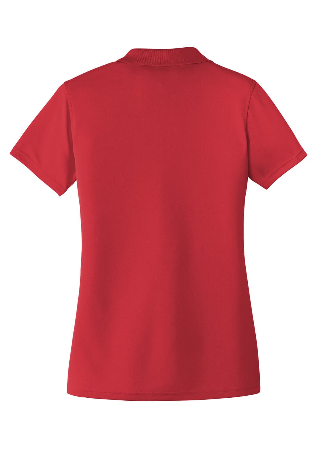 A red women's polo shirt featuring a smooth micro-mesh fabric and a collar, with a logo present.