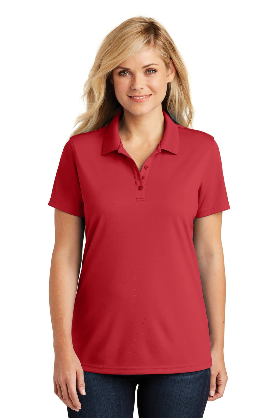A red ladies' polo shirt featuring a classic collar and buttons, made from micro-mesh fabric with a logo.