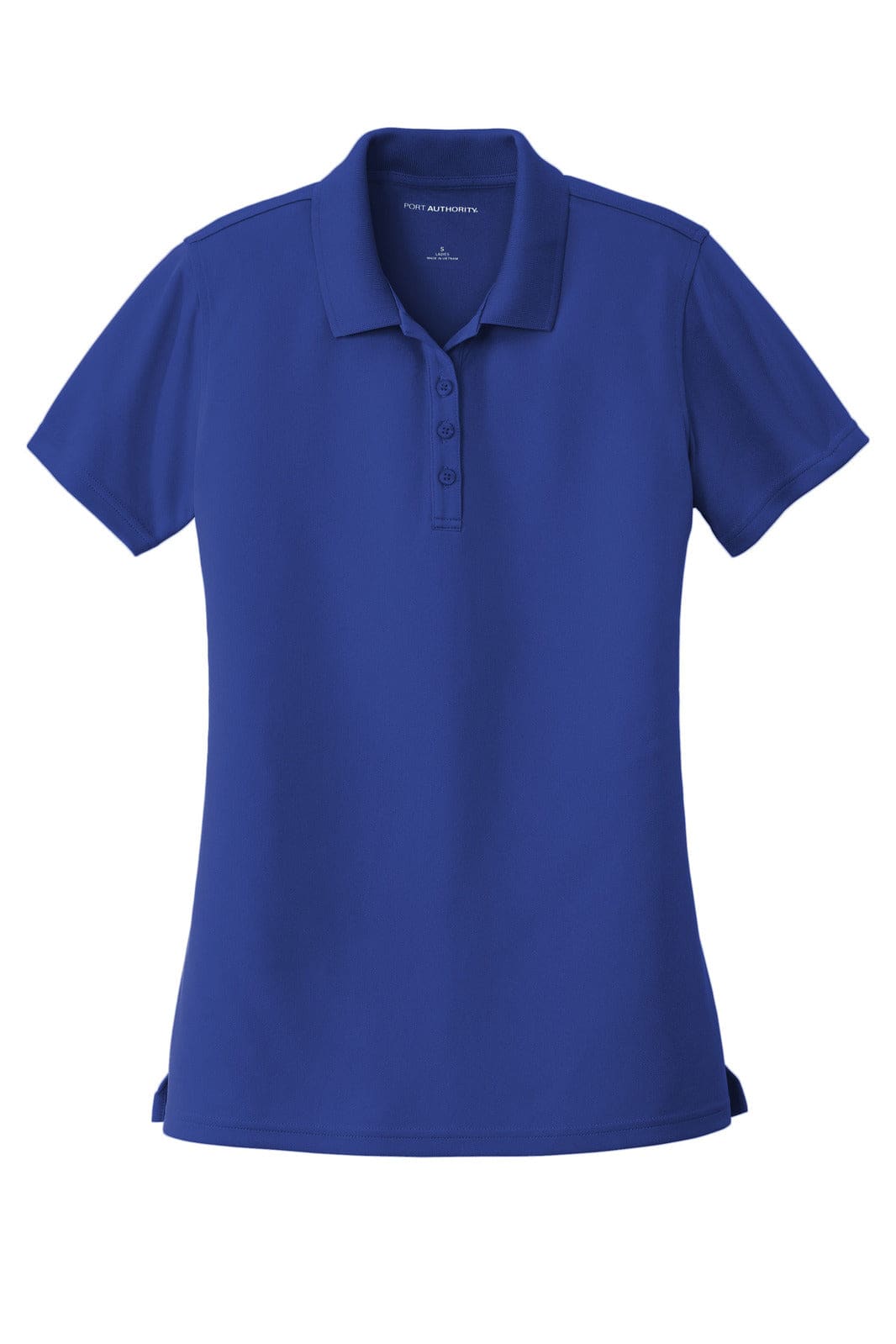 A blue women's polo shirt with a collar and buttons, featuring a logo on the chest area.