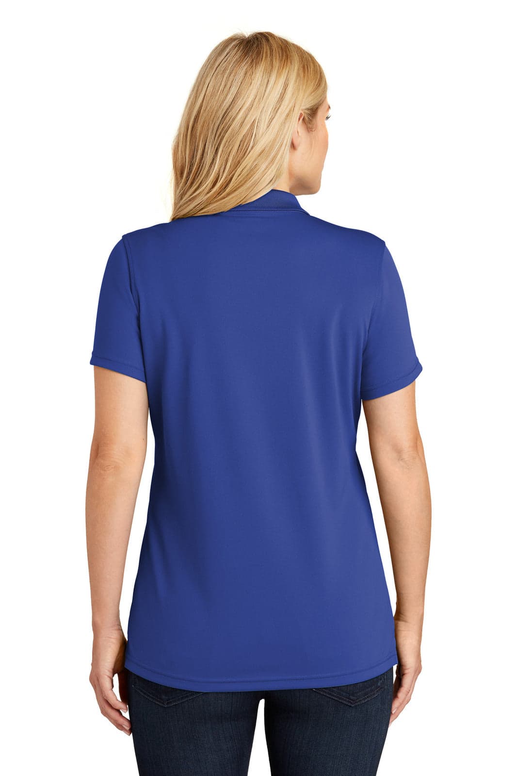 A blue micro-mesh polo shirt with a back view, featuring a collar and short sleeves. It has a logo.