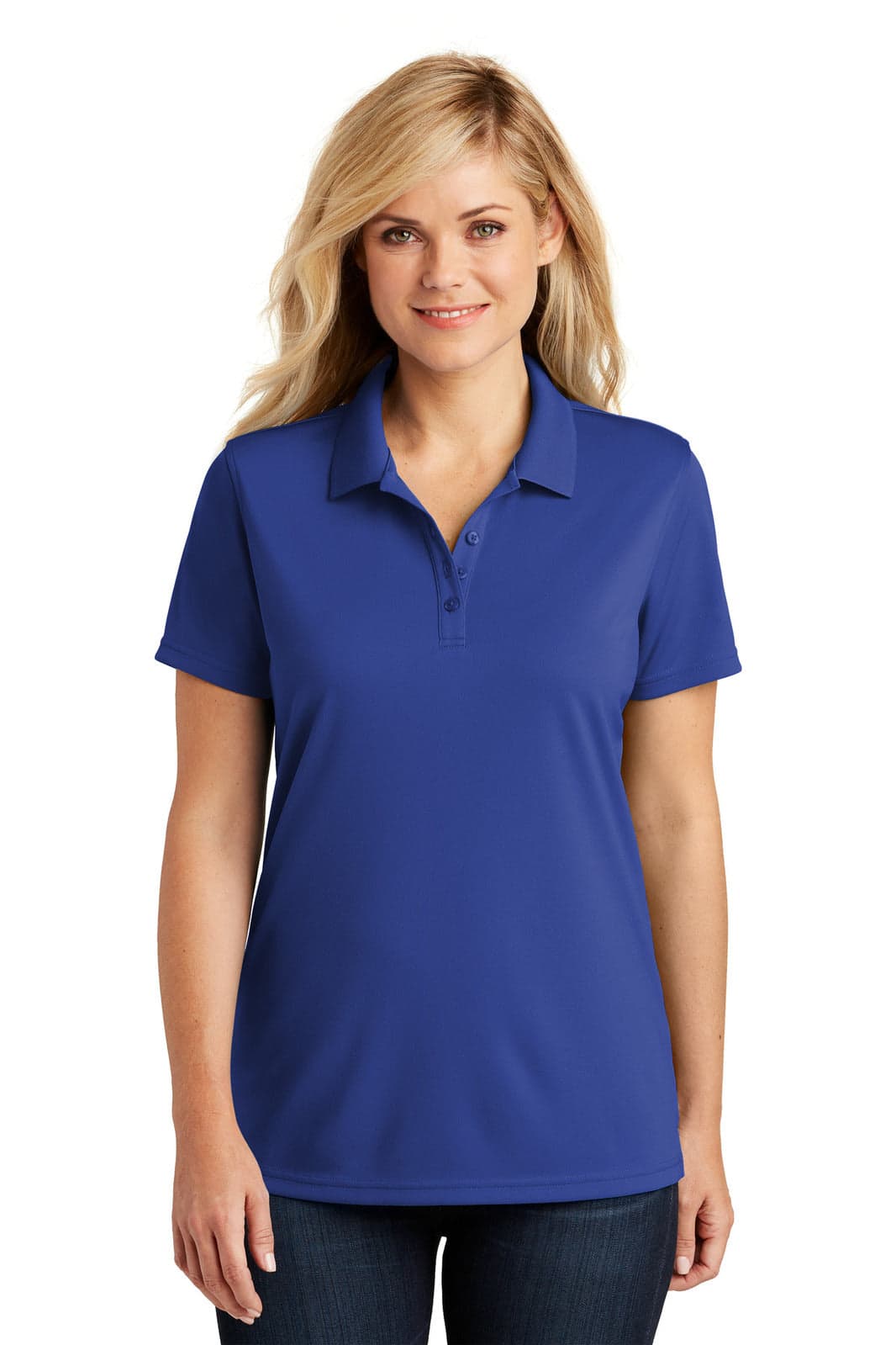 A lady's polo shirt in royal blue, featuring a collar and short sleeves, with one logo present.