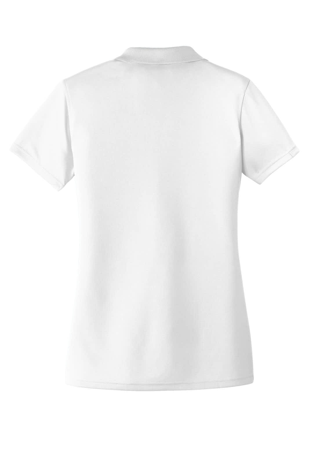 A white polo shirt with a polo collar and short sleeves, featuring a logo on the back.