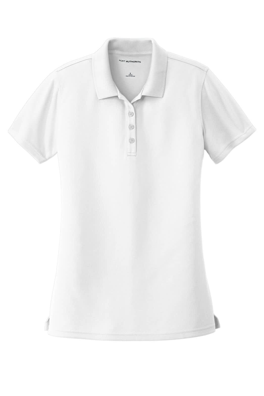 A white ladies' polo shirt made of micro-mesh fabric, featuring a collar and button placket, with a logo.