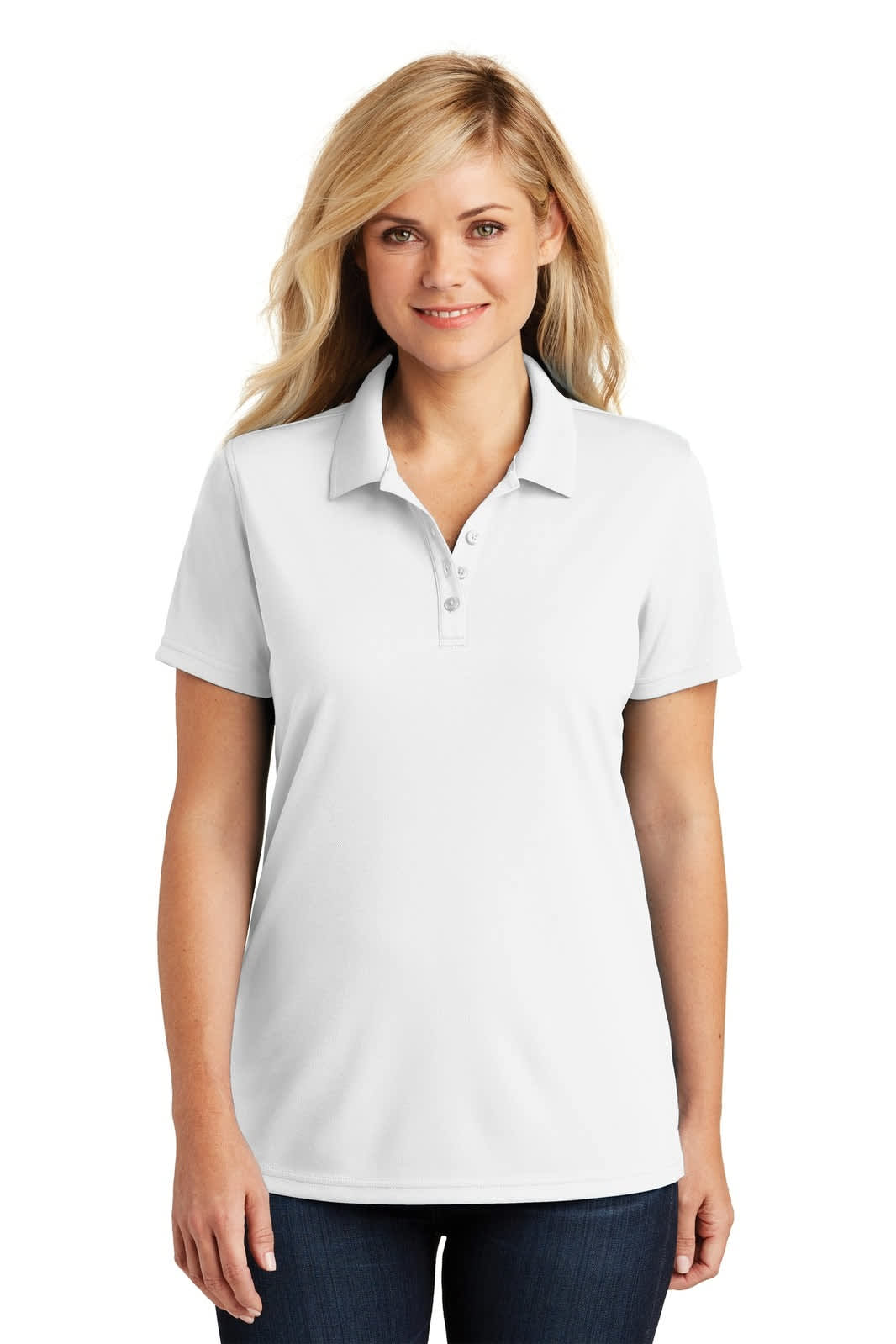 A light grey polo shirt with a collar and buttons, featuring a logo. The shirt is designed for women.