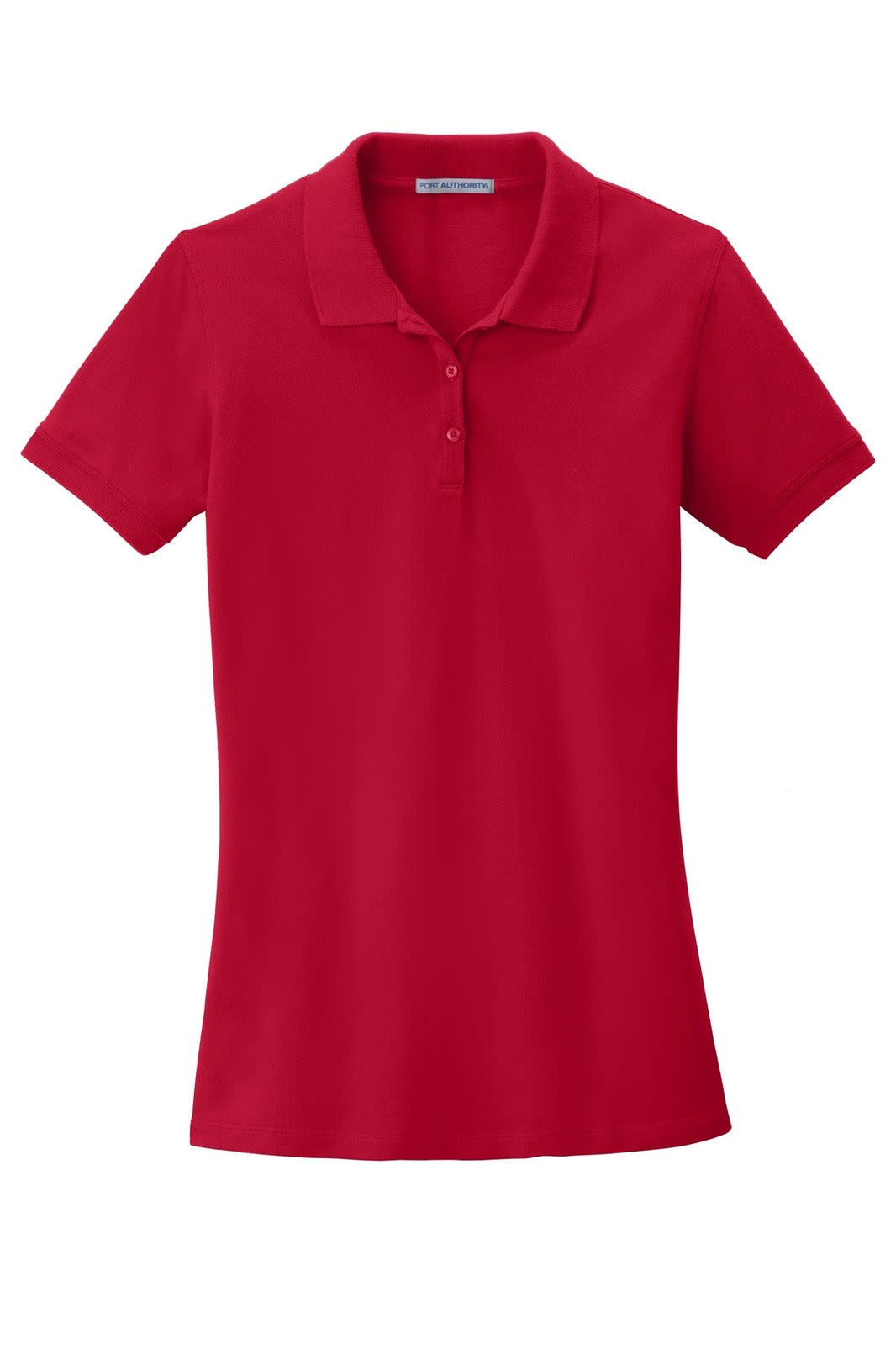 A red ladies' polo shirt featuring a collar and short sleeves, with a logo on the chest area.