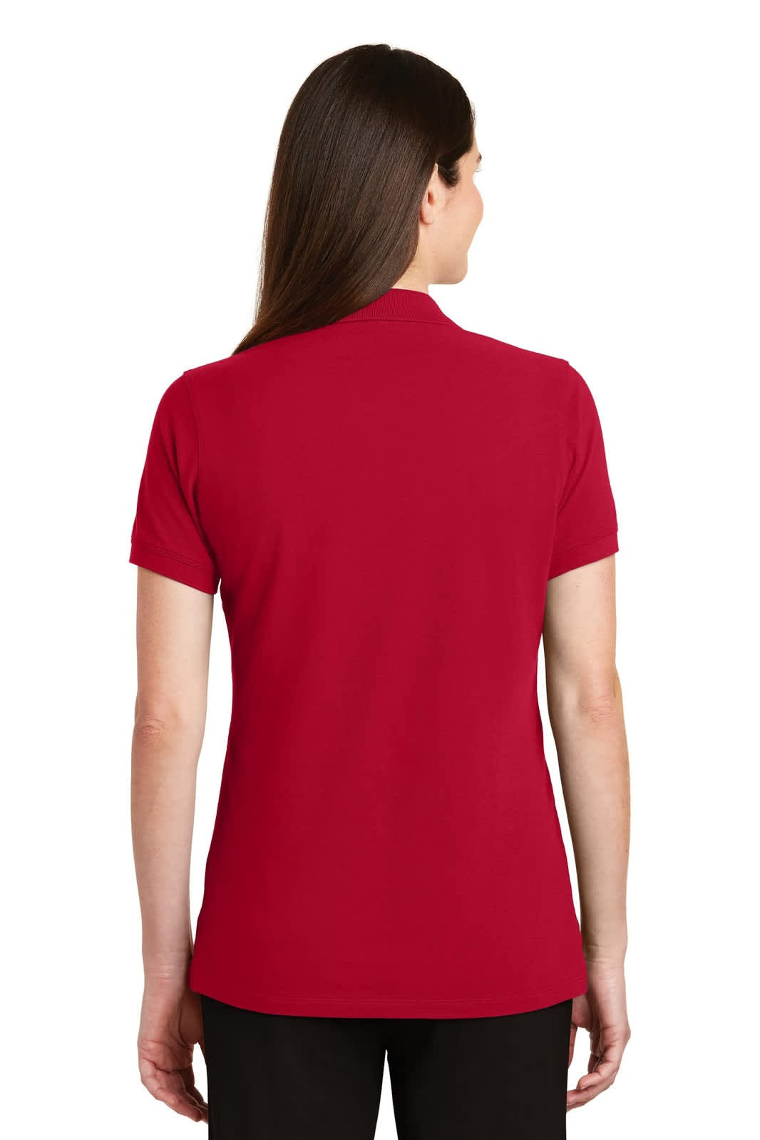 A red ladies' polo shirt with a fitted design and short sleeves, featuring a logo on the back.