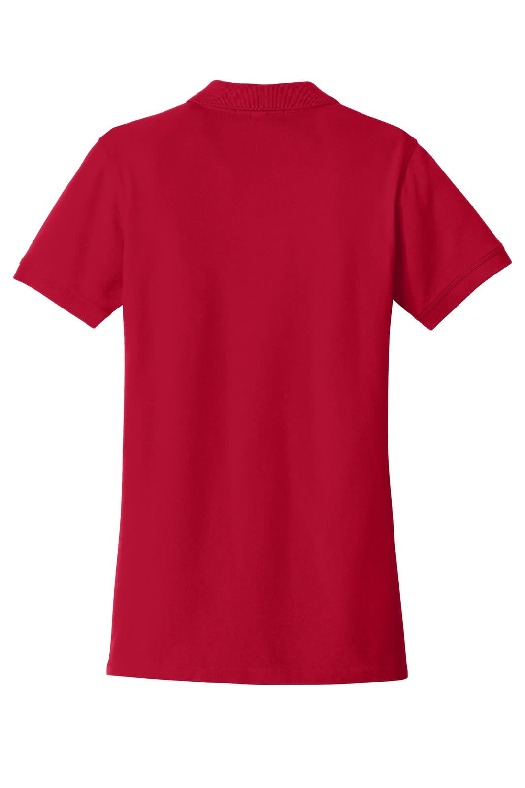 A red ladies polo shirt from Port Authority, featuring a collar and a back view, includes a logo.