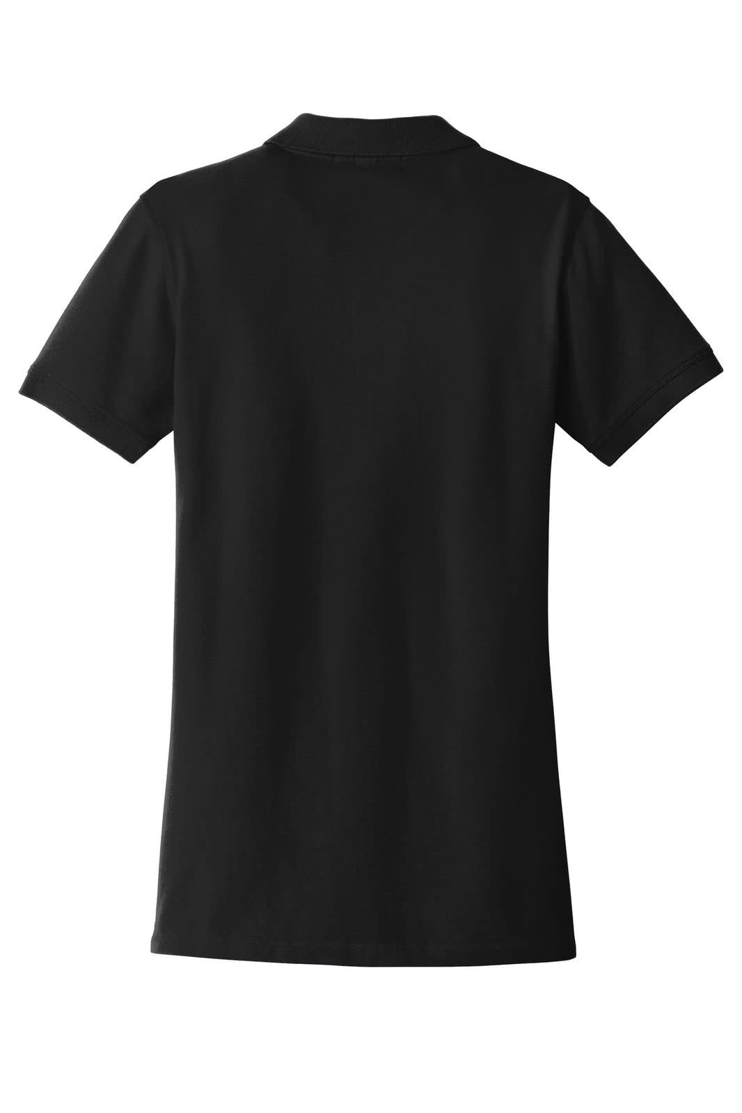 A black ladies polo shirt with a classic collar and short sleeves, featuring a logo on the front.