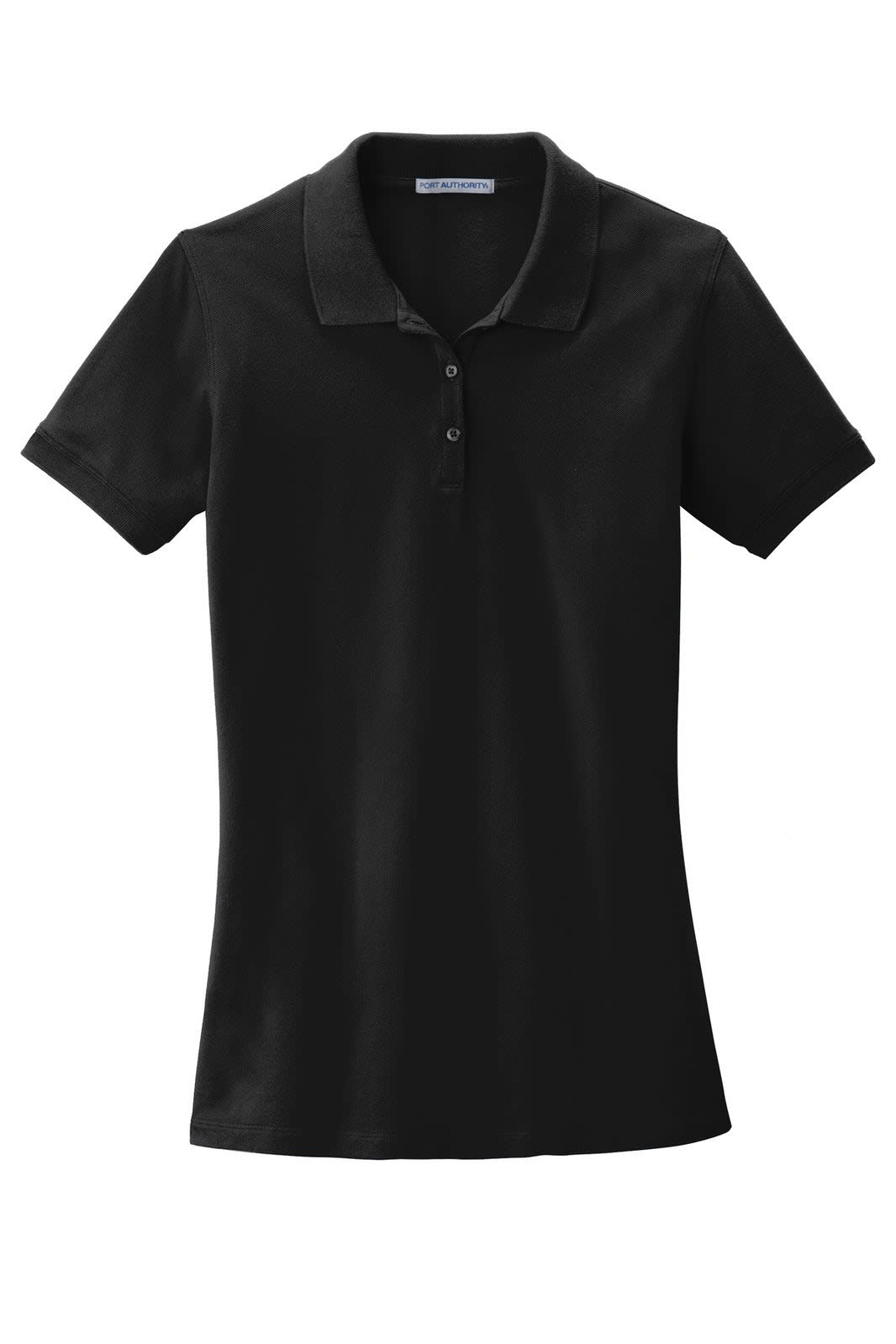 A black ladies polo shirt featuring a classic collar and three-button placket. It includes a branding logo.