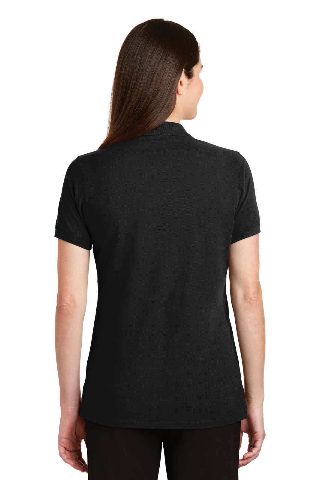 A black polo shirt for women, featuring a classic design and a small logo on the back.