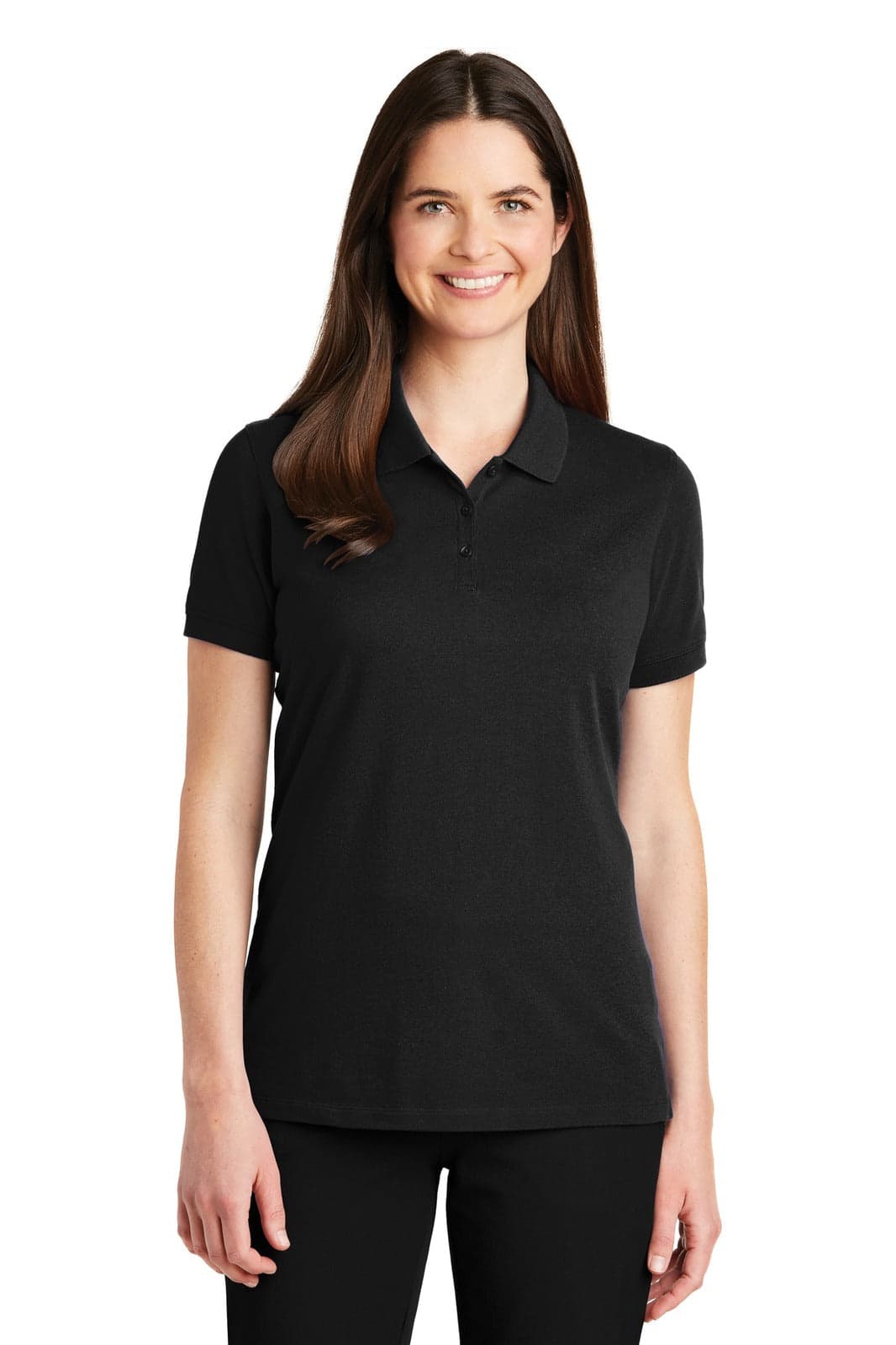 A woman wearing a black polo shirt with a collar, featuring a brand logo.