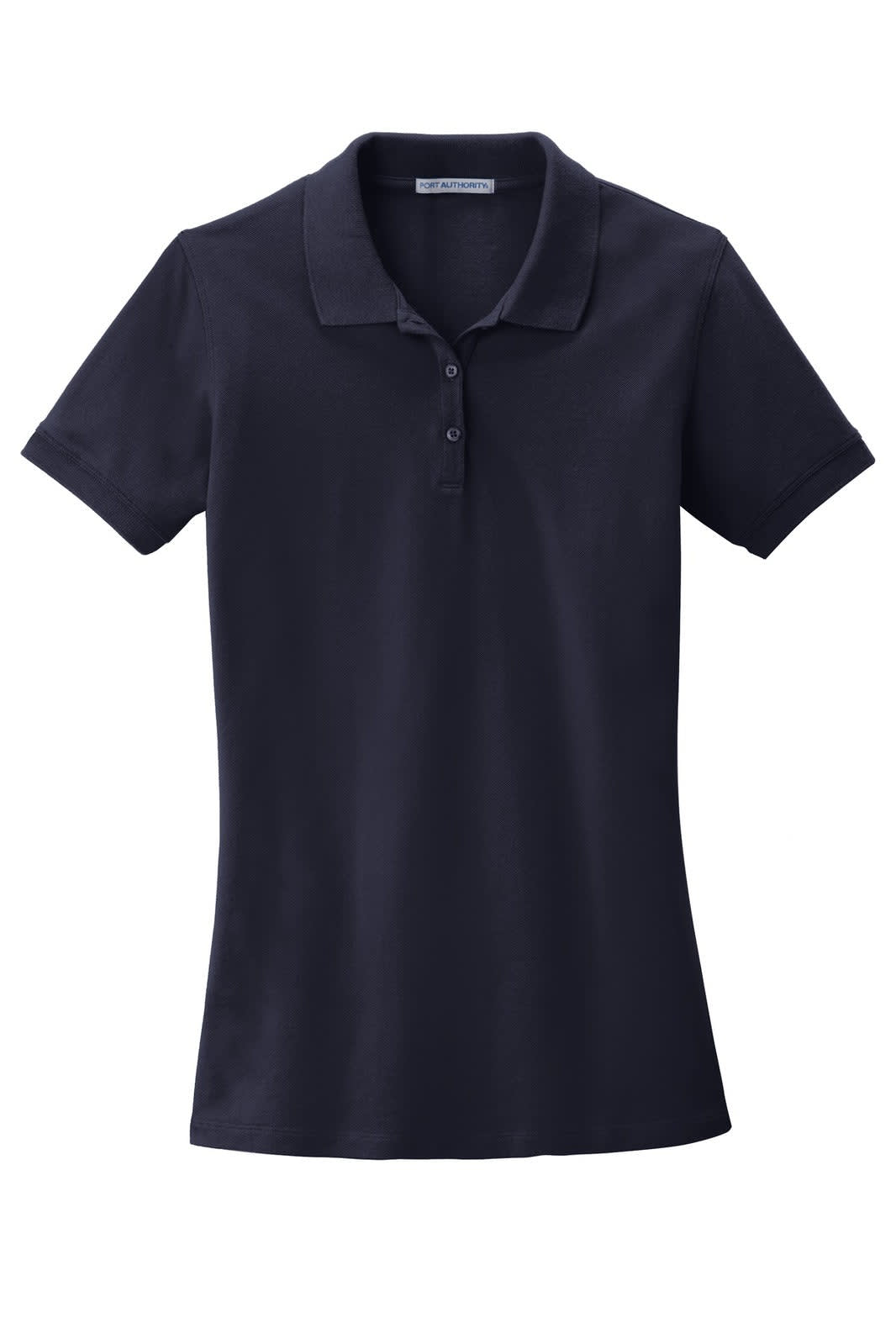 A navy blue ladies' polo shirt featuring a collar, short sleeves, and a logo on the chest.