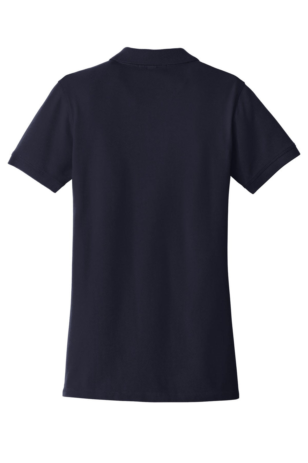 A navy blue women's polo shirt with a classic collar and short sleeves, featuring a logo on the back.