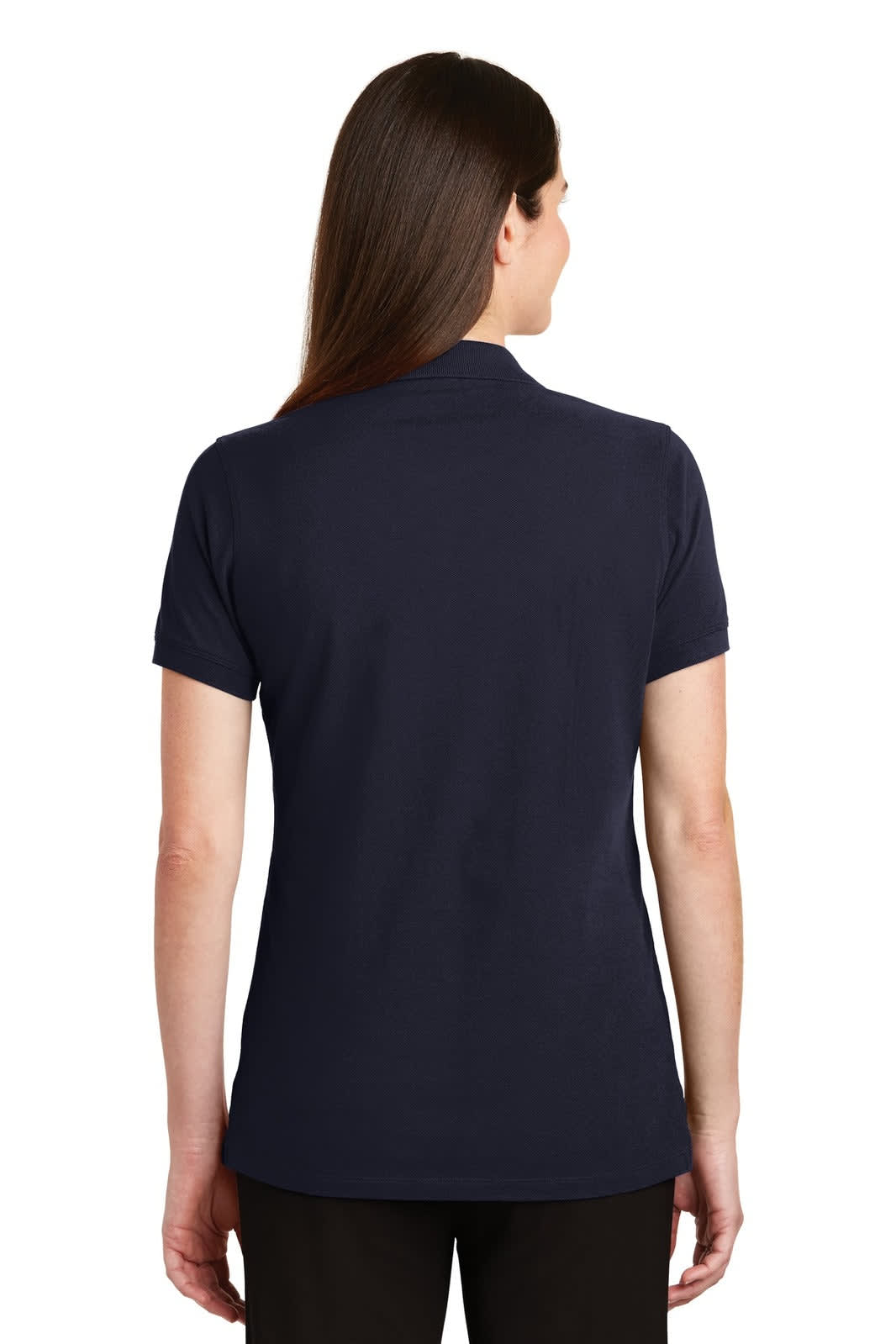 A women’s navy short-sleeve polo shirt with a collar and a brand logo on the back.
