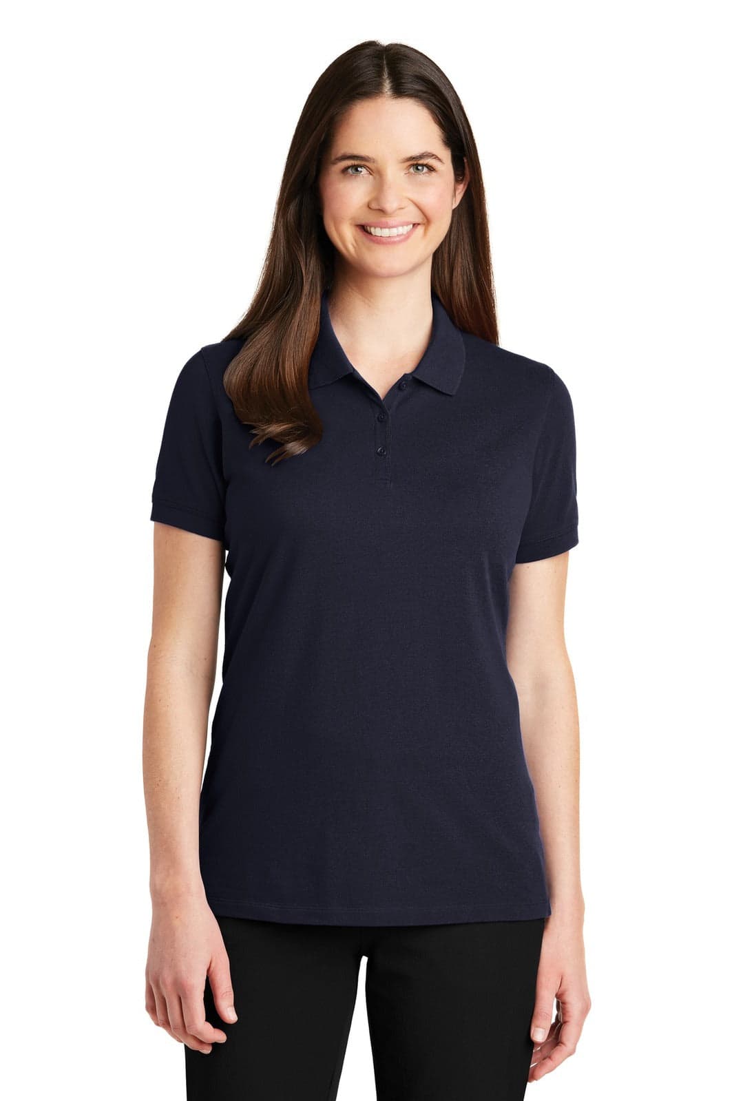A navy blue ladies' polo shirt with a collar, featuring short sleeves and a logo.