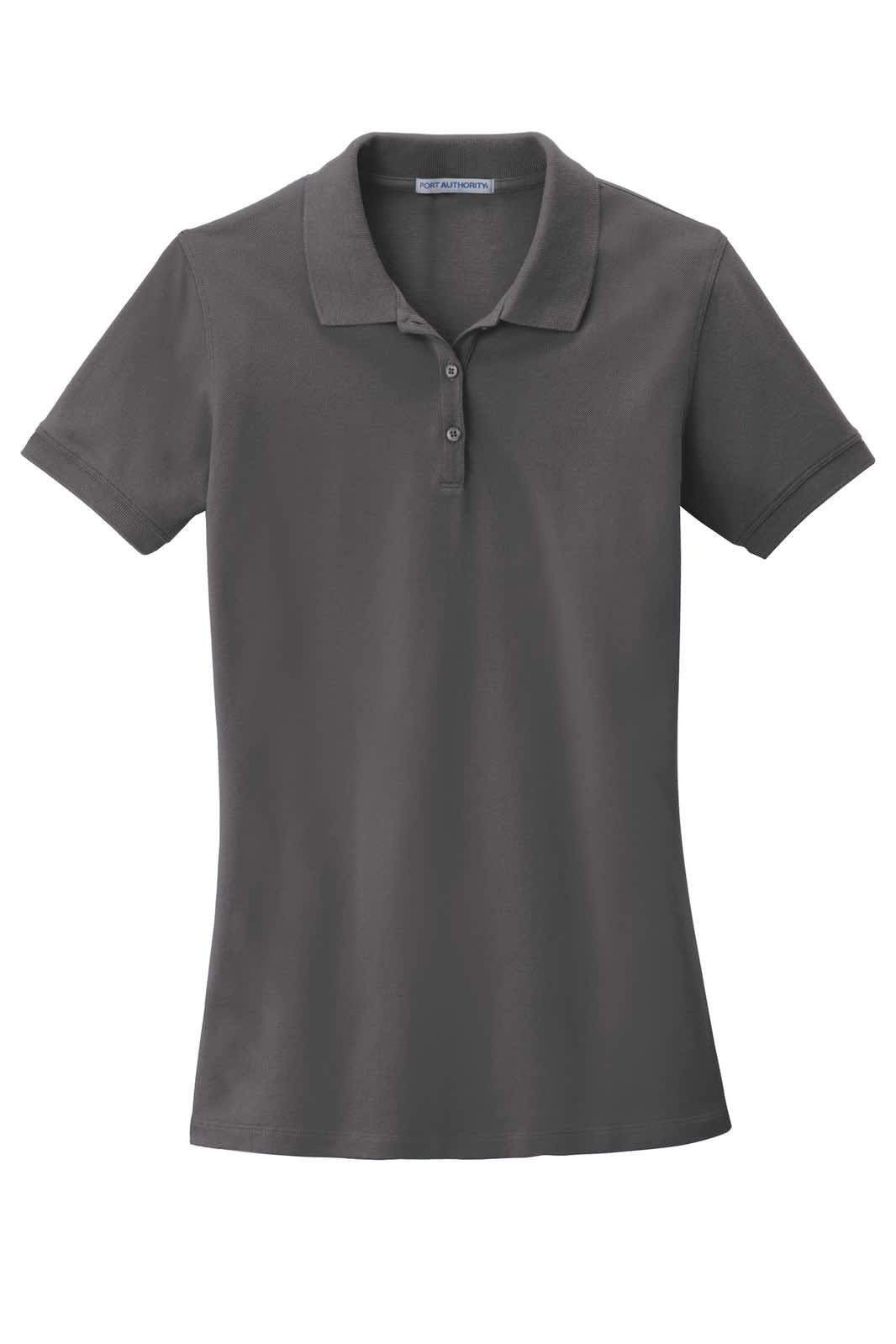 A grey ladies polo shirt with a collared neck, short sleeves, and a button placket. It features a logo.